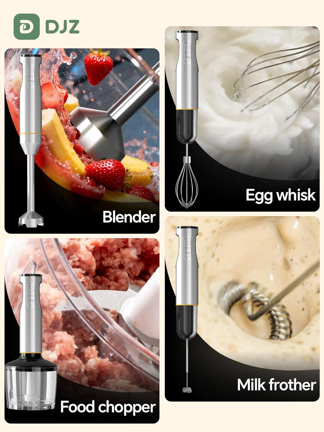 DJZ Hand Stick Blender 1200W-Immersion Blender 21-Speed for Home Cooking, Soups, Baby Food 5 in 1 with Chopper, Whisk, Milk Frother, Beaker Powerful Handheld Blender for Smoothies, Sauces, Purees image number 5