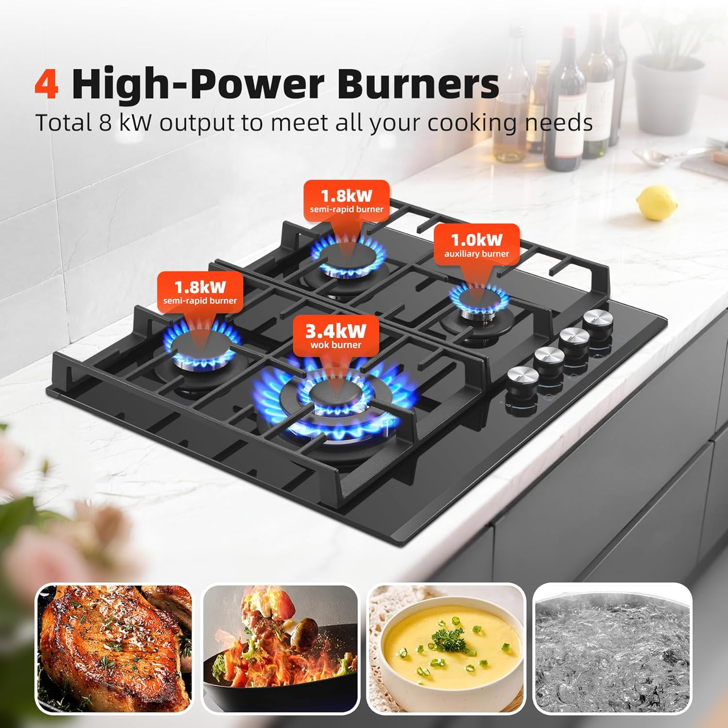 Amzgachfktch 60Cm Built-In Gas Cooktop, 4 Burner Black Tempered Glass Stove with Flame Failure Safety & Dual Fuel (NG/LPG) - for Modern Kitchen, Apartment, Caravan image number 5