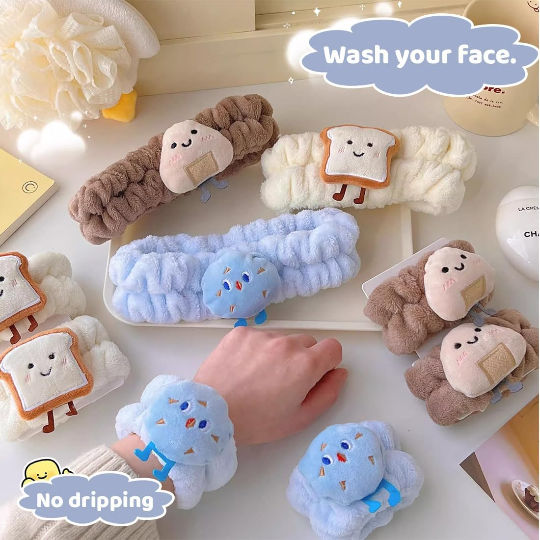 Spa Face Headband Wrist Wash Bands Set Face Wash Bracelets Elastic Makeup Hair Band Sweatband for Makeup and Washing Face Women Spa Yoga Shower, Coffee Colour, Blue image number 2