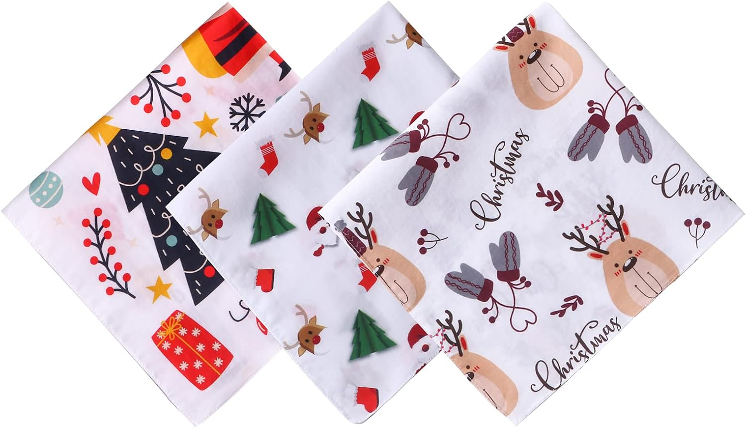HOULIFE Christmas Handkerchief &ndash; Handkerchiefs for Ladies Cotton, 100% 60S Combed Cotton Xmas Santa Claus Moose Trees Sock Gingerbread Man Hankies Gift Set for Women Men Kids, 3/6 Pieces, 40X40Cm