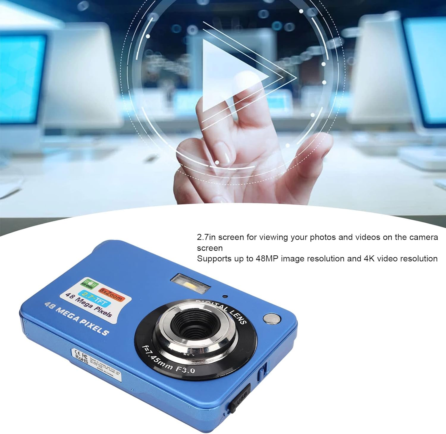 4K Digital Camera, 2.7In LCD Monitor 48MP 8 Zoom Digital Camera for Photography Continuous anti Shake Camera HD Camcorder. (Blue)