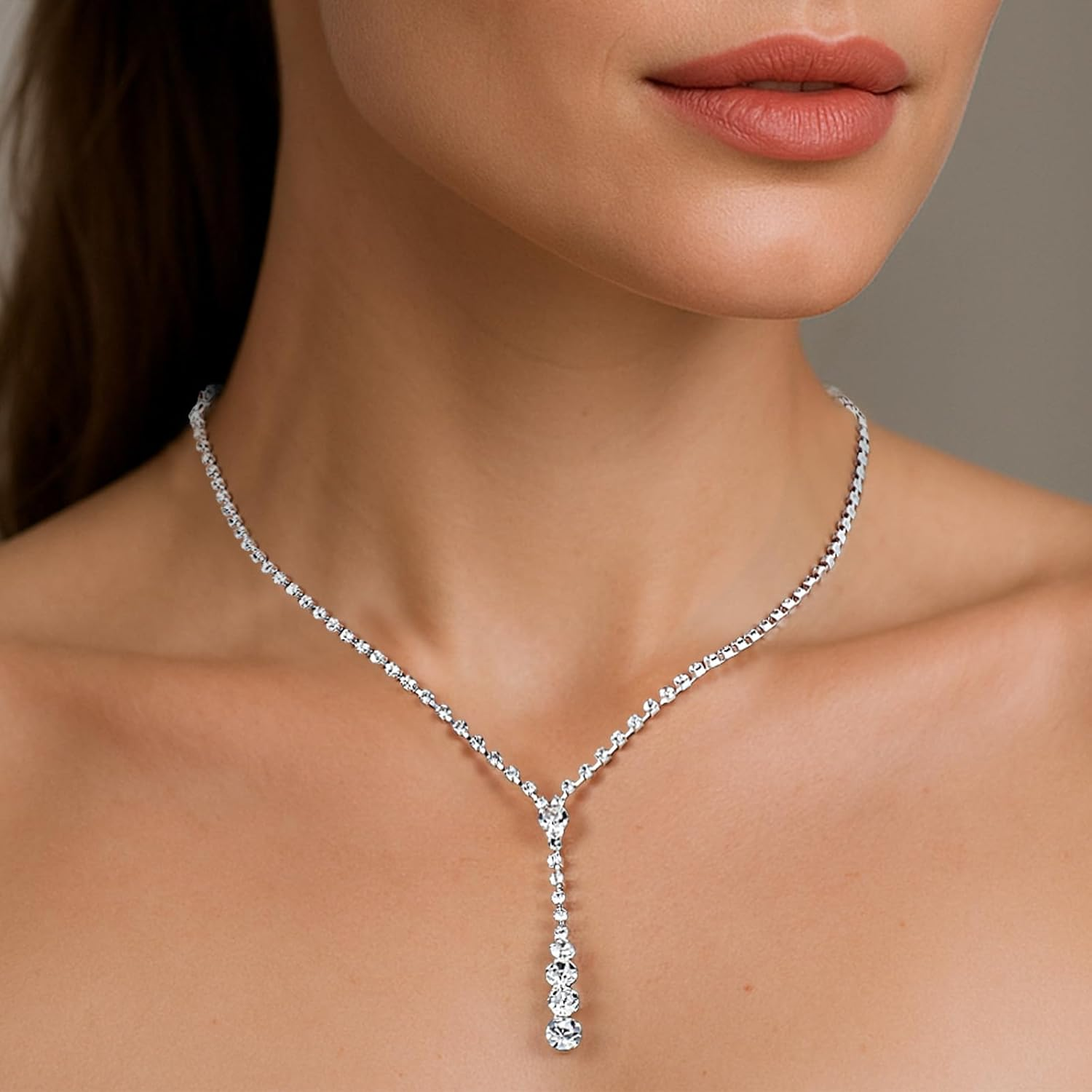 Crystal Jewelry Set for Women, Silver Bridal Jewelry Set Rhinestone Necklace, Bracelet and Earrings, Bridal Wedding Party Accessories image number 2