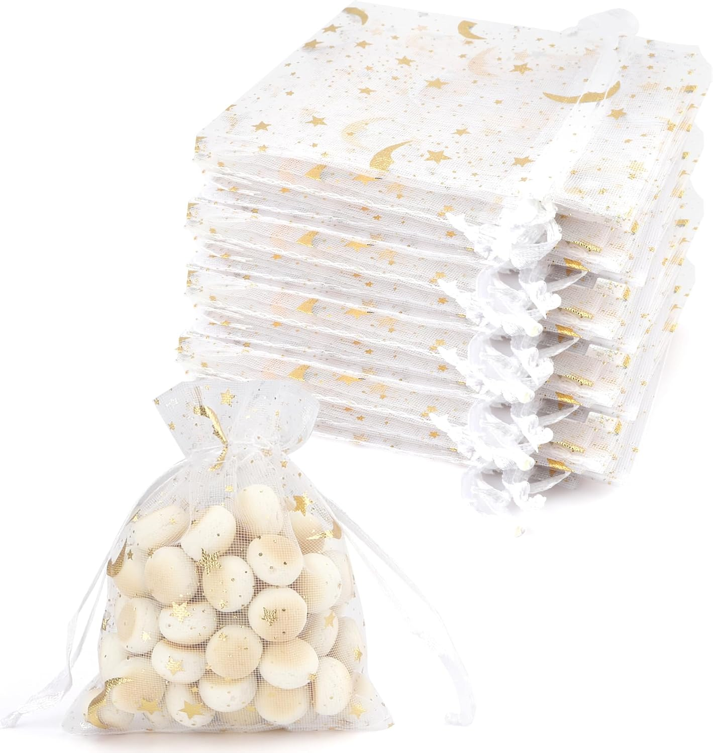 Stars and Moon Drawstring Organza Bags,50Pcs Golden Organza Gift Bags,Sheer Mesh Pouches for Jewelry Candy Presents Wedding Party Festival Favour Makeup Birthday Halloween Christmas Wrapping Supplie