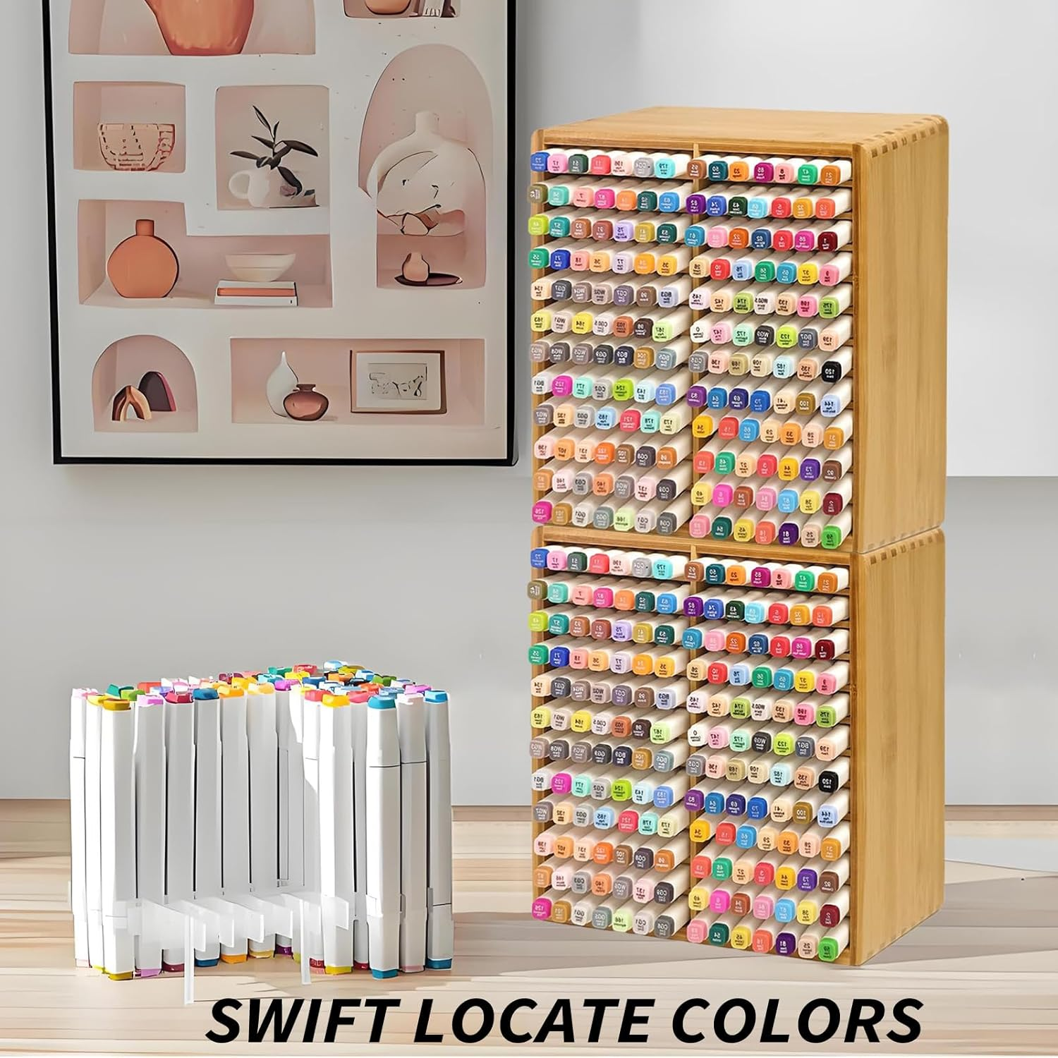 168 Markers Bamboo Marker Organizer, Desk Pencil Holder Markers - Art Marker Storage Rack with 24 Compartments, Vertical Marker Holder Shelf for Acrylic Paint Pens