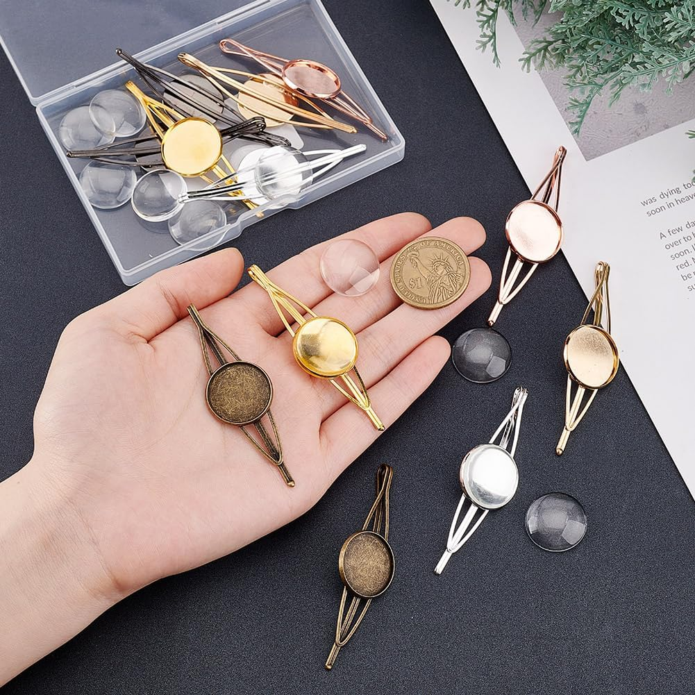GOMAKERER Pack of 12 Hair Clips with Blank round Shelf Hair Pins Made of Brass 6 Colours with 12 Pieces 19.5 Mm Transparent Cabochons Blank Hairpin Setting for DIY Pictures Photos Curved Cameo image number 3