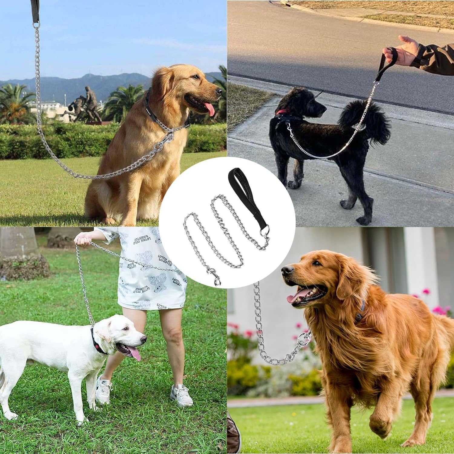 Heavy Duty Metal Dog Leash Training Leash with Padded Nylon Handle Bite Resistant Pet Leash for Large Medium Dogs 120Cm/3Mm - Black image number 3