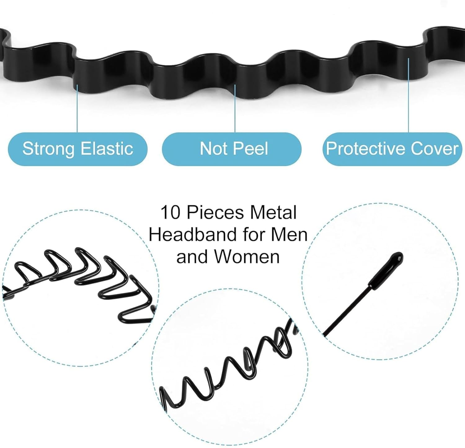 Pack of 4 Metal Headbands, 2 Pieces Full Circle Stretch Headband Unisex, Black Wave Metal Headband, Comb Flexible Plastic for Outdoor Sports Yoga