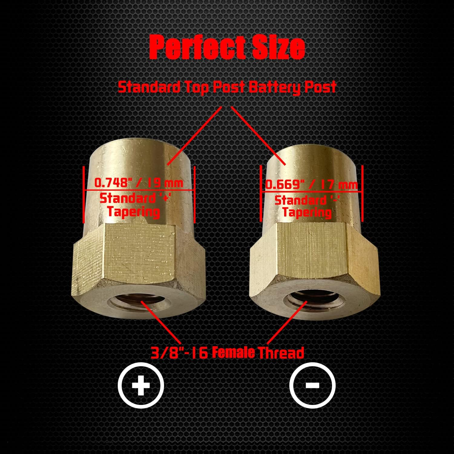 3/8"-16 Thread Female Brass Battery Terminal Post Adapter (+/-), Ampper Battery Charging Post Terminals for 3/8" Stud Extension, Pack of 4 image number 1