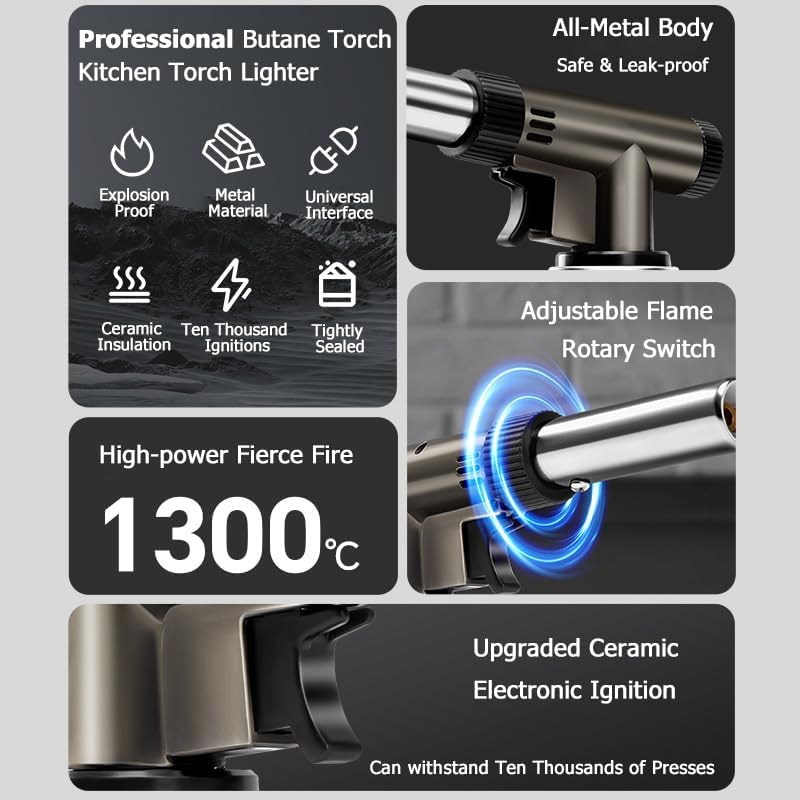 Butane Torch, Professional Kitchen Torch Lighter, Metal Case, 360&deg; Reverse Use, Adjustable Flame Shape Strength Gas Burner for Desserts Creme Brulee Baking BBQ Camping Soldering (Fuel Not Included) image number 4
