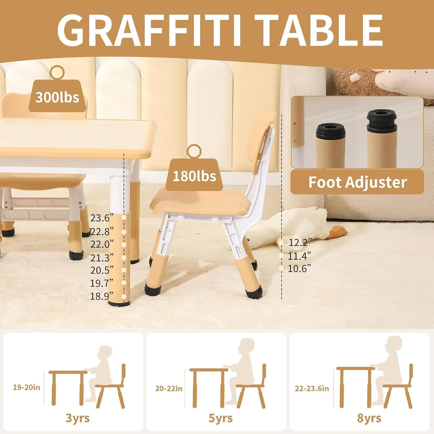 Kids Table and 2 Chairs Set, Height-Adjustable Toddler and Desk and Chair, Children Activity Graffiti Desktop for Classroom Daycare Home, 3-Piece Set Yellow Beige image number 6
