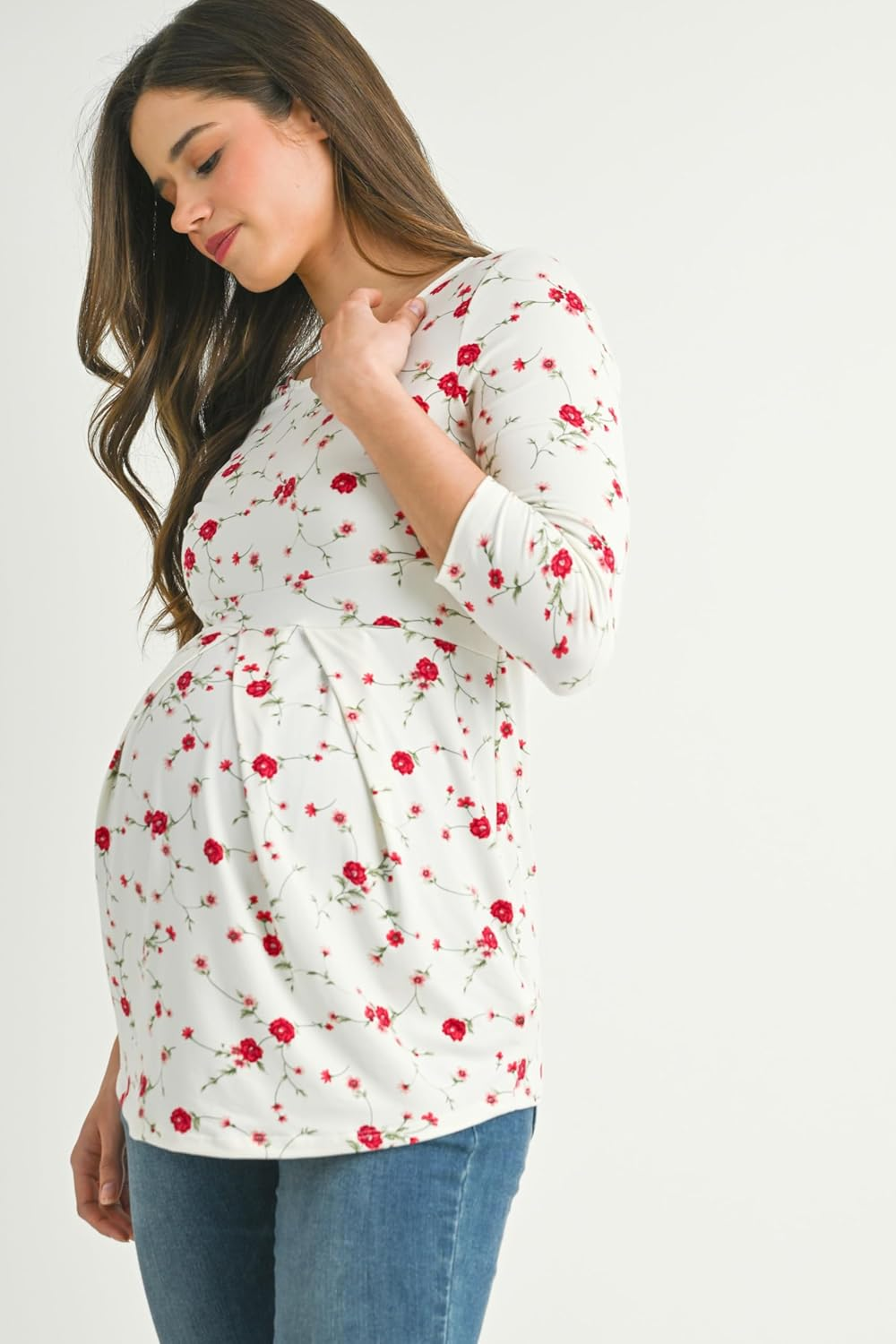 Laclef Women'S round Neck 3/4 Sleeve Front Pleat Peplum Maternity Top image number 1