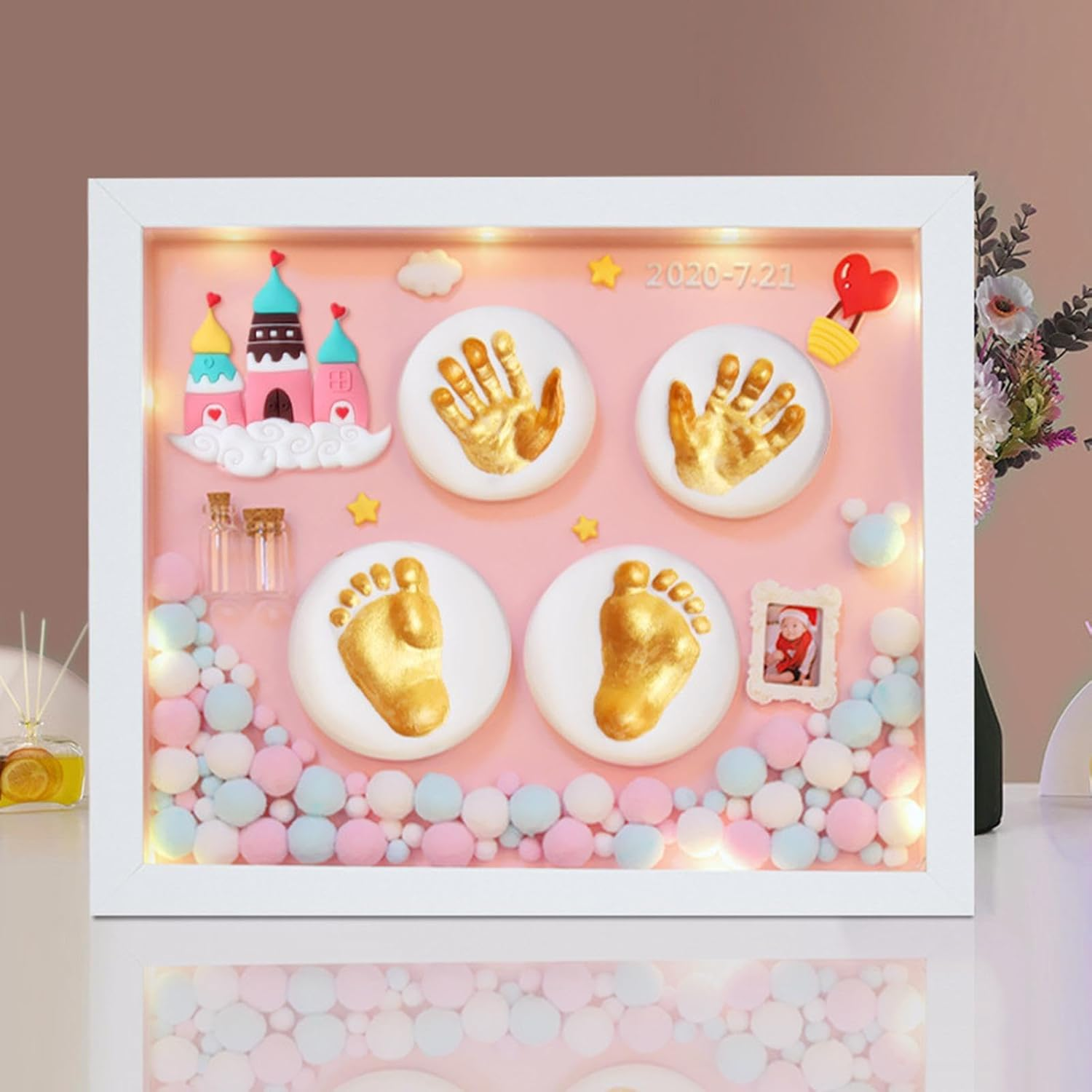 Baby Picture Photo Frame Footprint & Handprint Kit DIY for Newborn Kids Gift with Gift Box Pink image number 6