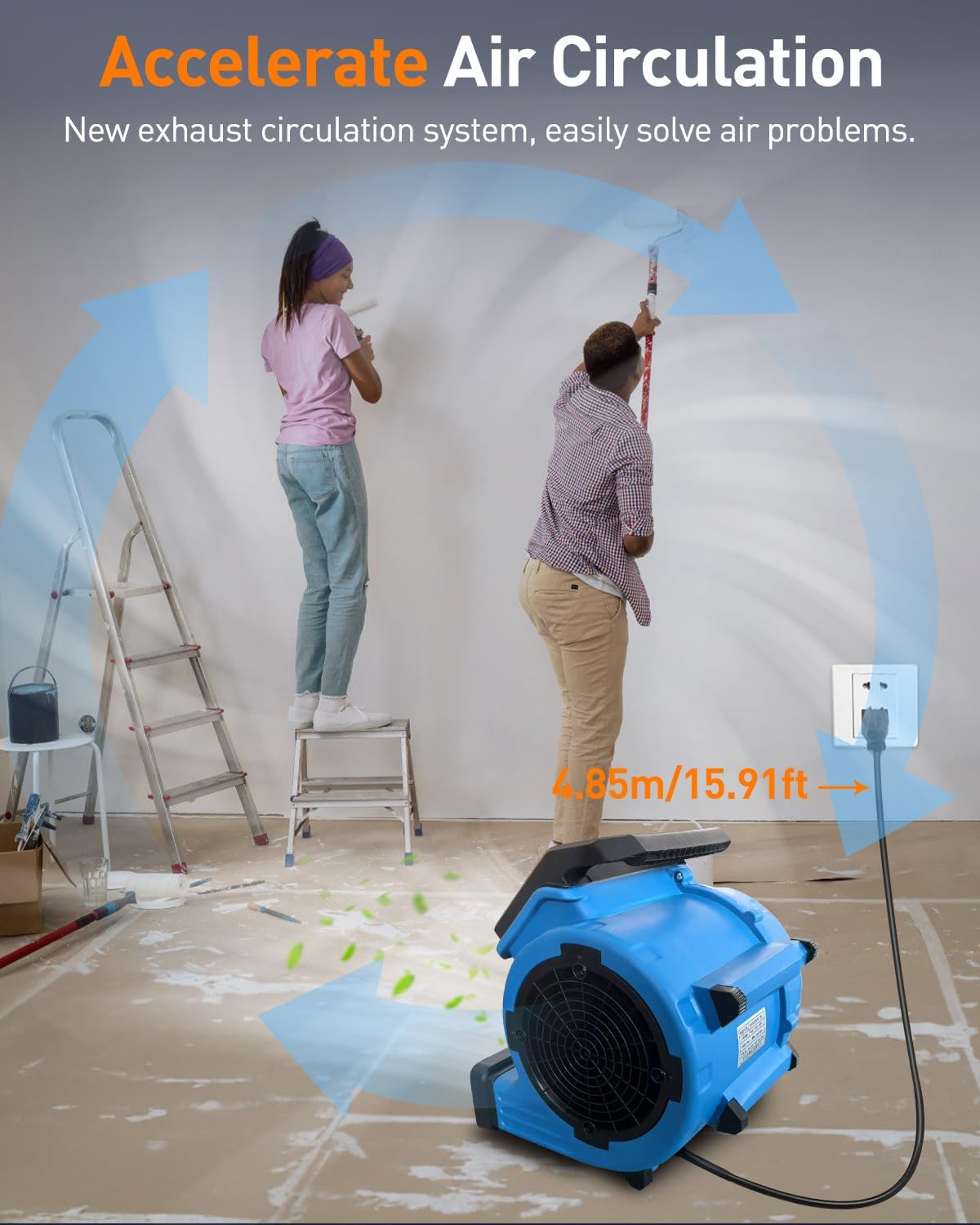 Centrifugal Air Mover, 3-Speed Carpet Dryer 300W Air Mover Blower Fan, Portable Floor Dryer for Home Ventilation, Drying Walls, Carpets and Floors, Blue image number 3