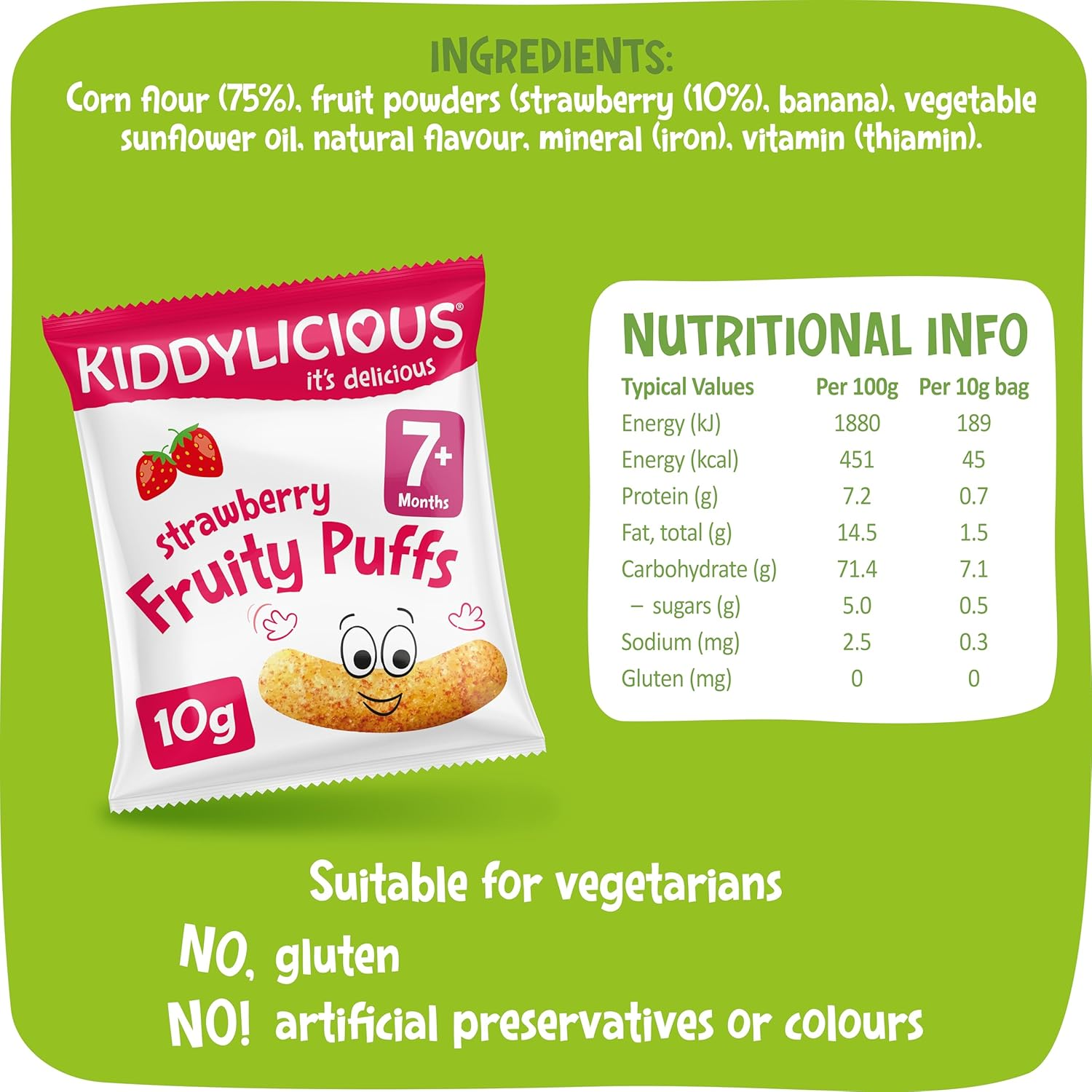 Kiddylicious - Fruity Puffs - Strawberry - Delicious Snacks for Babies - Suitable for 7+ Months -4X10G - 40G