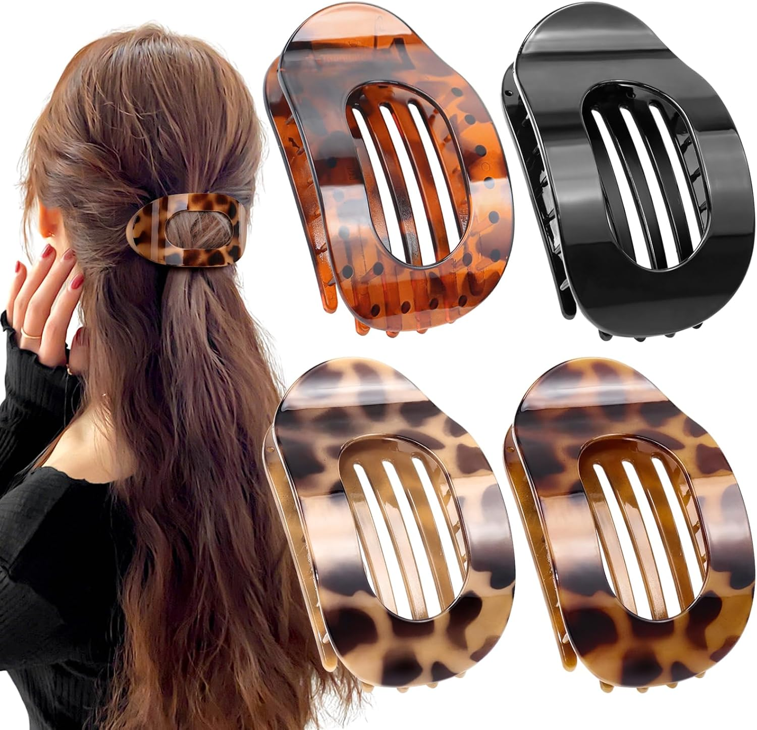 Tumurup Flat Hair Clips for Women &ndash; 5 Pack Large Hair Claw Clips for Thick & Thin Hair, Strong Hold Noslip Grip for All Hair Textures Accessories Women and Girls, Leopard Print
