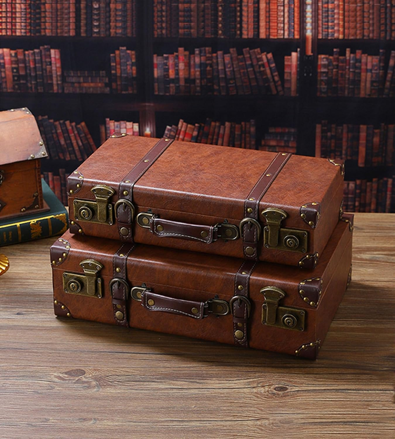 Feilario Vintage Leather Storage Trunk Small Portable Decorative Luggage Suitcase Movie Prop Luggage- 2 Size Option (Brown, S/L Set)