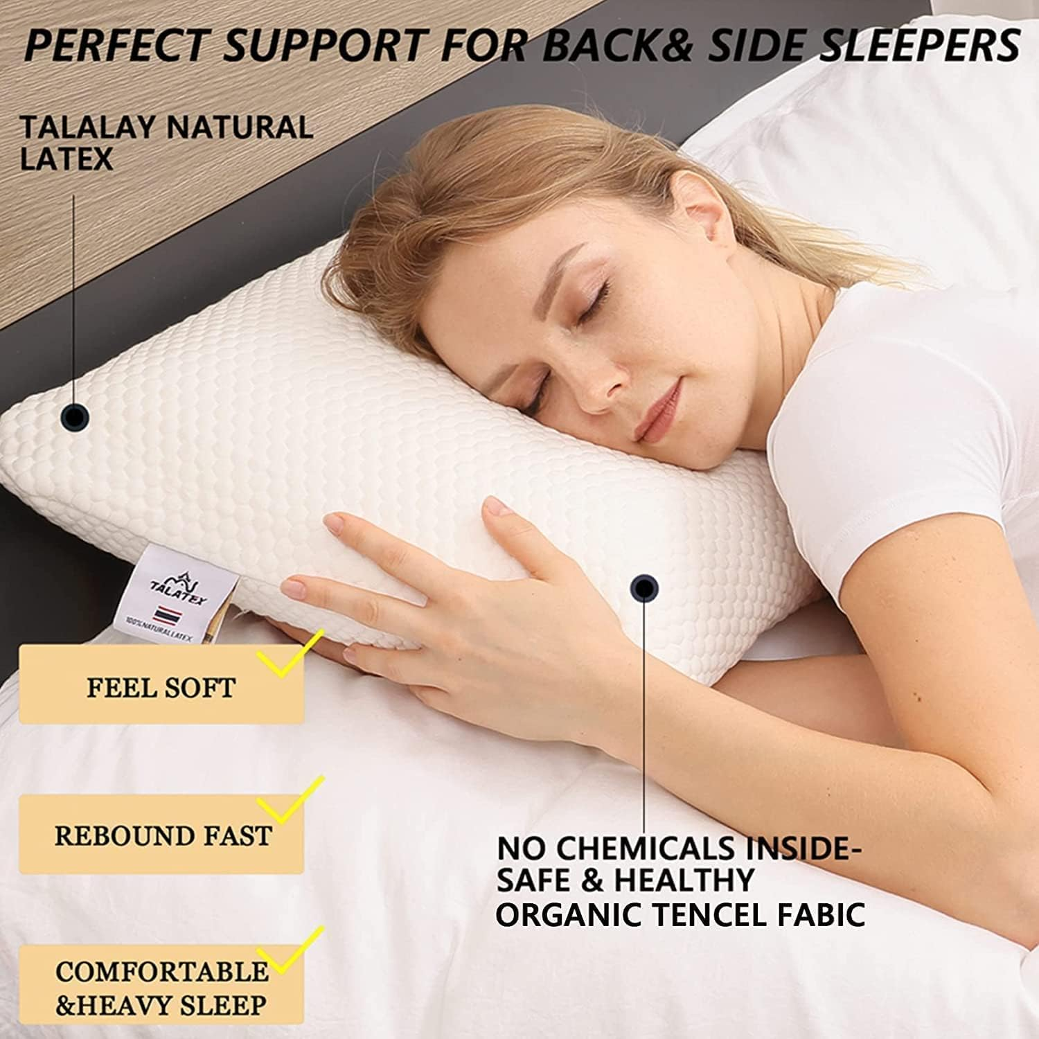 Talalay 100% Natural Premium Latex Pillow, No Memory Foam Chemicals, Resistant to Sagging, Perfect Package Best Gift with Removable Tencel Cover image number 3