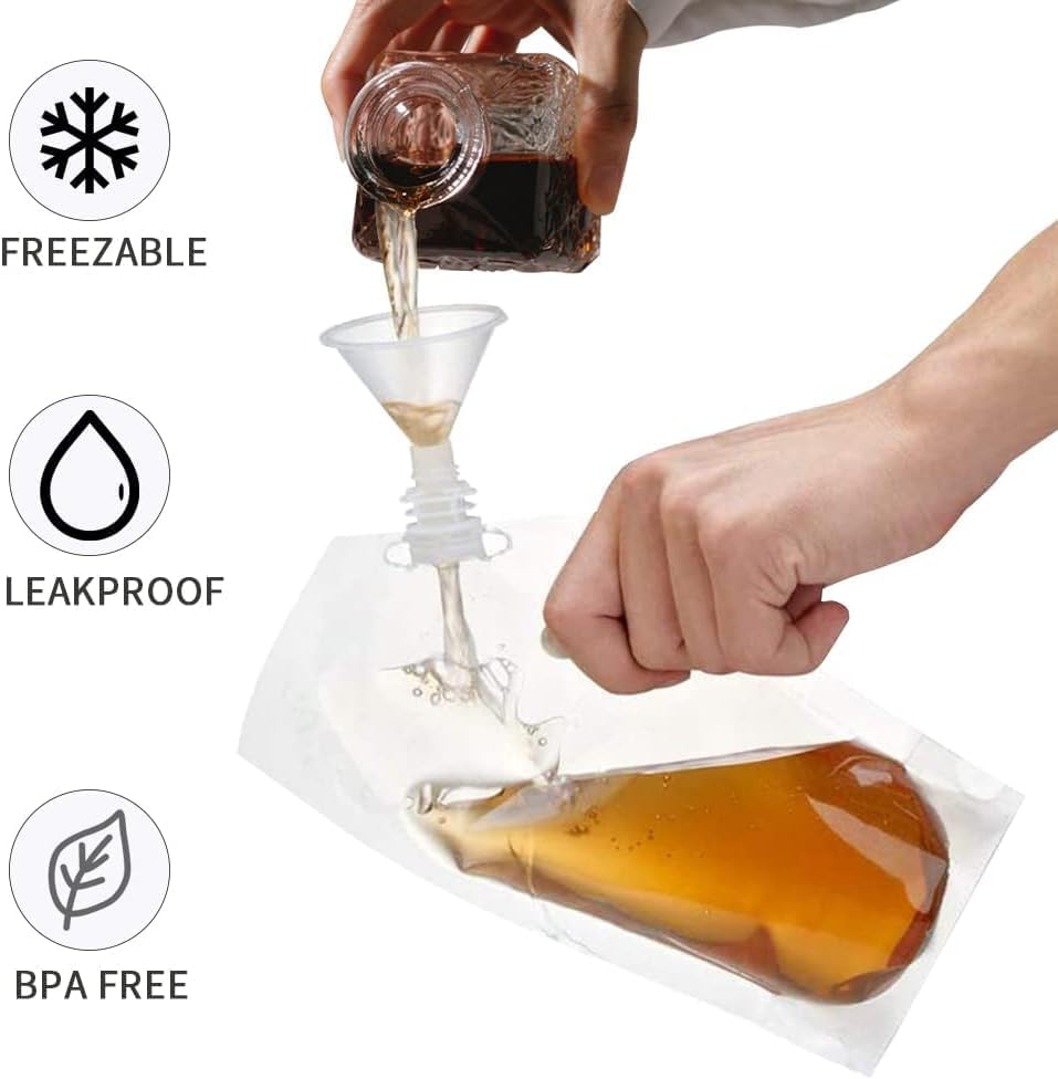 13 Pack Plastic Wine Bottle Bags Bulk Reusable Plastic Beverage Bags Travel Beverage Bags Leakproof Bags Juice Bags with Funnel (300Ml) with Funnel image number 1