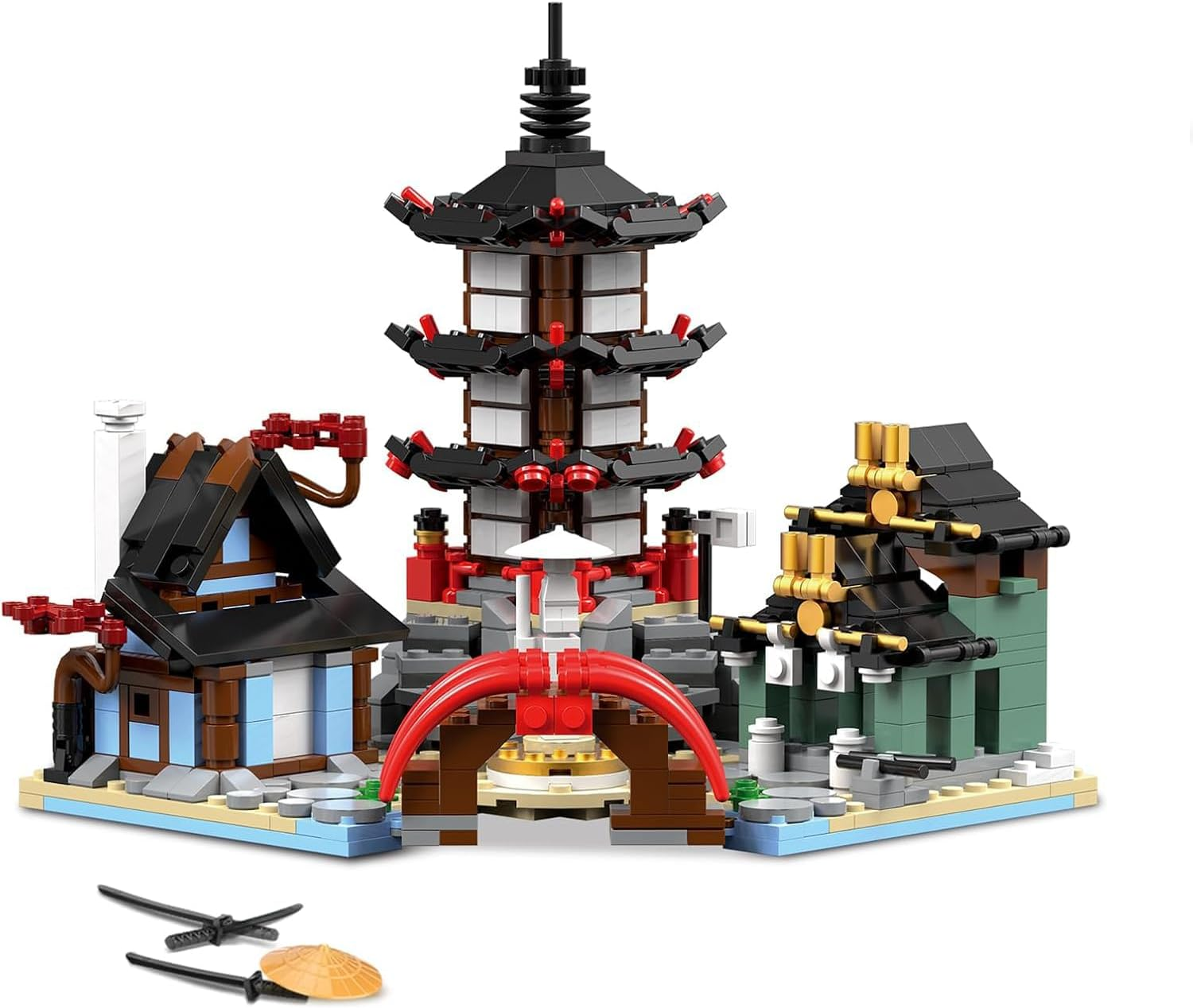 QLT QIAOLETONG MOC Temple Building Kit, Ninja Warrior Temple, Samurai Pagoda, Bridge and House, Compatible with  (692 Pieces) image number 1