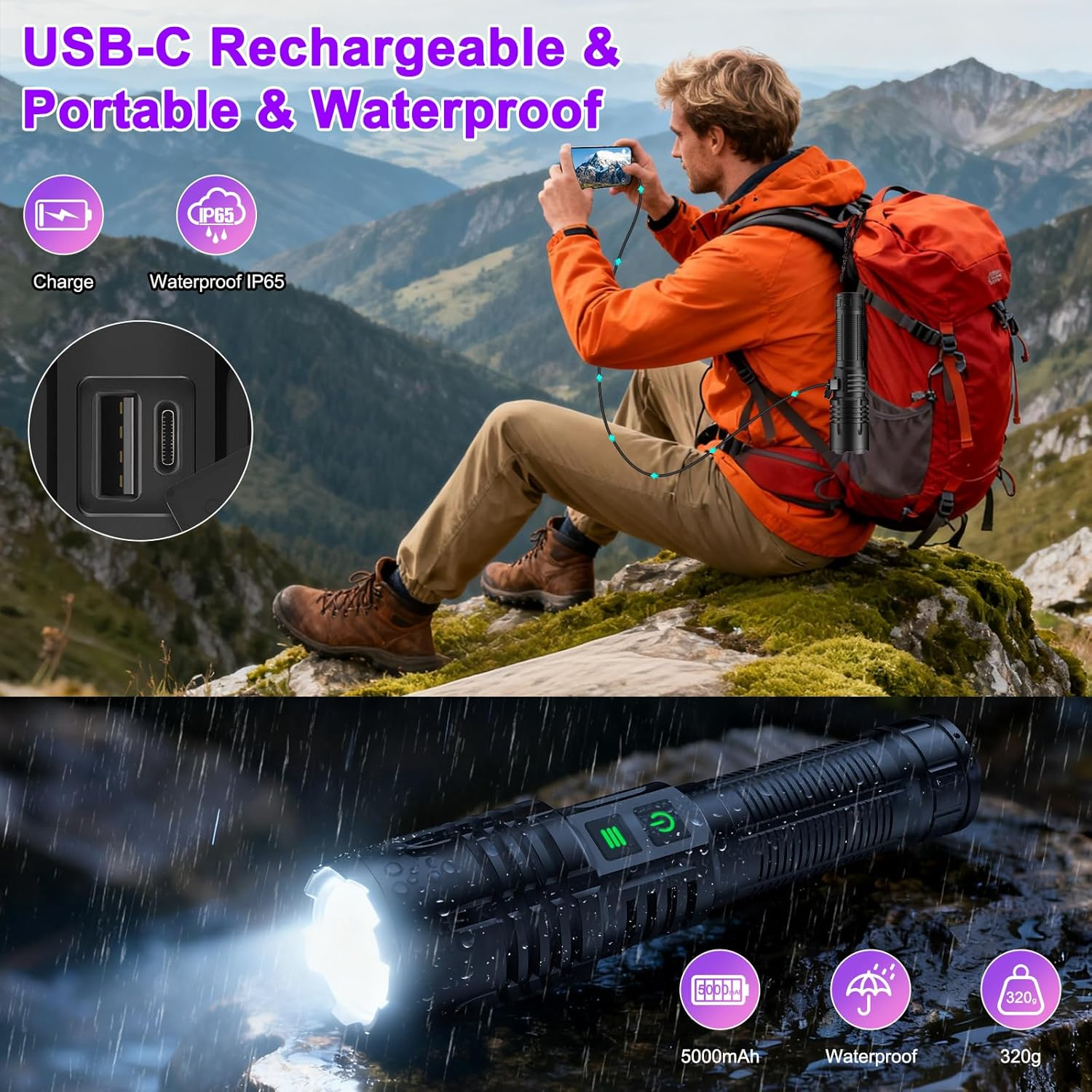 2-In-1 365Nm UV Torch & LED Flashlight Rechargeable, 30W Zoomable UV Light Black Light Torch for Pet Urine Detection, Resin Curing, Rocks, Scorpions, Waterproof Flashlights for Camping, Emergency image number 6
