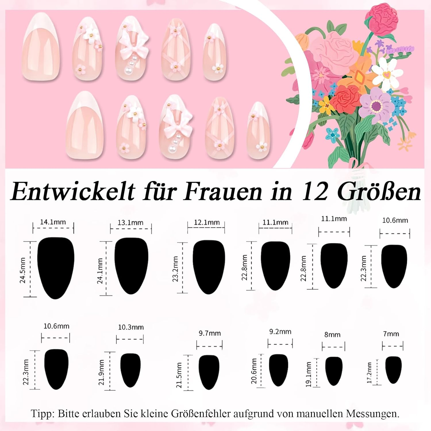 Virellay Almond Fake Nails, Artificial Fingernails, Press on Nails Almond (Pink Bow Flower French, 24 Pieces) image number 4