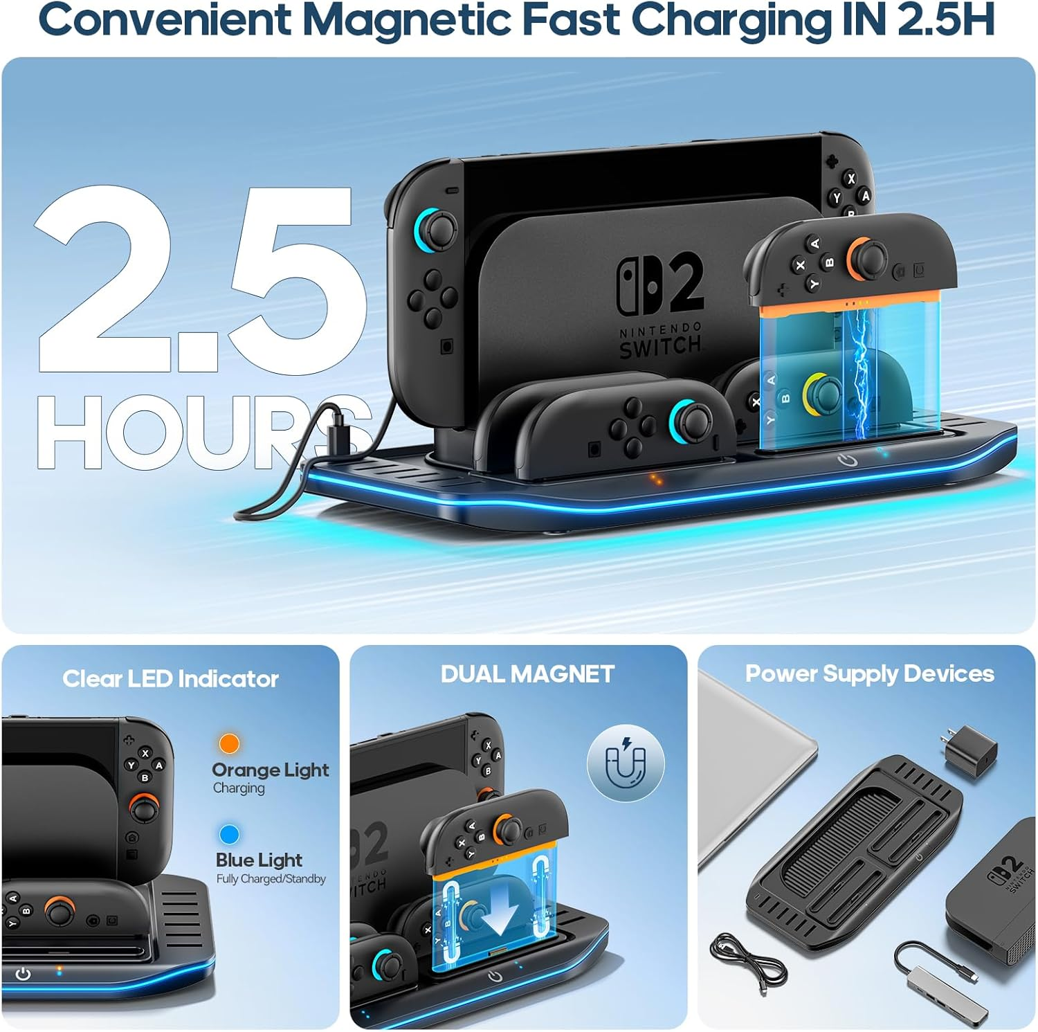 Kosker Switch 2 Joycon Charger with Universal Charging for Left & Right Nintendo Switch 2 Joy Con (2025), 4 in 1 Switch 2 Controller Charger Dock with 12 Game Card Slots & Indicator image number 1