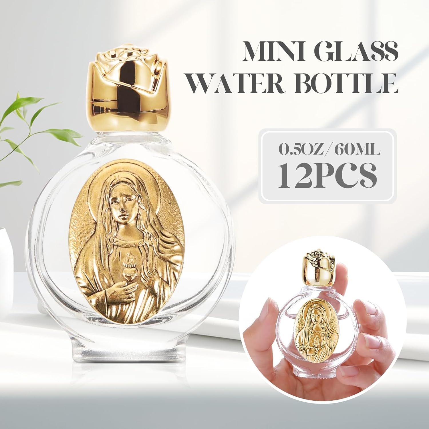 12 Pcs Embossed Holy Water Bottles 0.5 Floz Glass Water Bottle Portable Holy Water Container Church Blessing Decorations Bottles for Home Wedding Baptism Party Favors(Gold,Immaculate Heart of Mary) image number 1