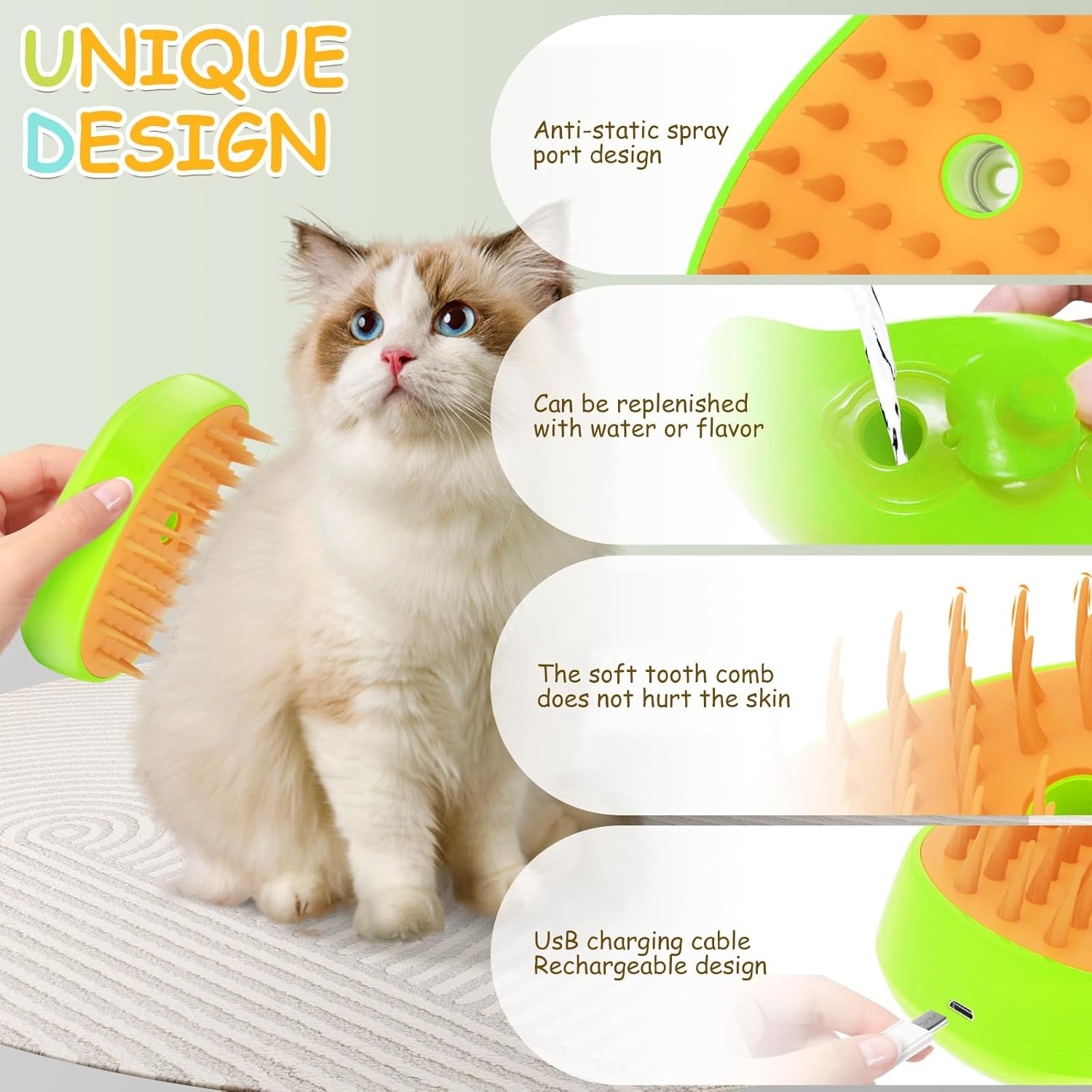 Cat Steam Brush, 3 In1 Steam Cat Brush, Steam Brush for Cats, Steamy Cat Brush, Rechargeable Silicone Steam Pet Brush, Multifunctional Pet Hair Comb for Removing Tangled and Loosse Hair (Green) - Yellow image number 7