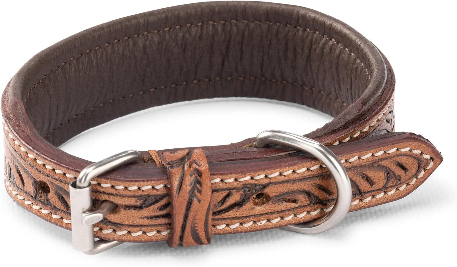 Exclusive Leather Dog Collar with Carved Floral Patterns/Ornaments - Buffalo Leather Collar - Padded Dog Leather Collar Abey (L (41-49.5 Cm) image number 5