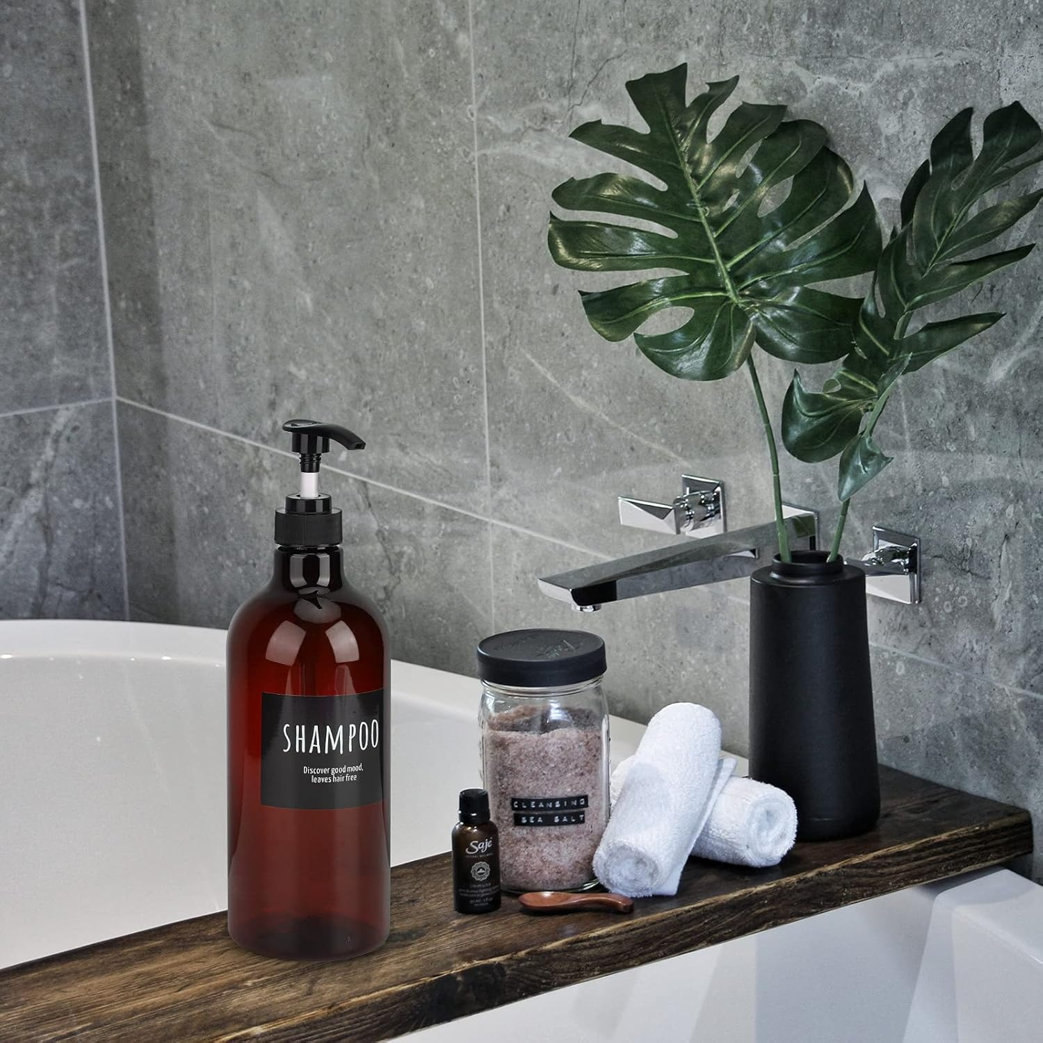 Segbeauty 32Oz Refillable Shampoo Bottles, Empty Shampoo and Conditioner Bottle with Pump, 3Pcs 1 Liter Lotion Dispenser for Body Soap Conditioner, Labeled Brown Plastic Press Dispenser image number 2