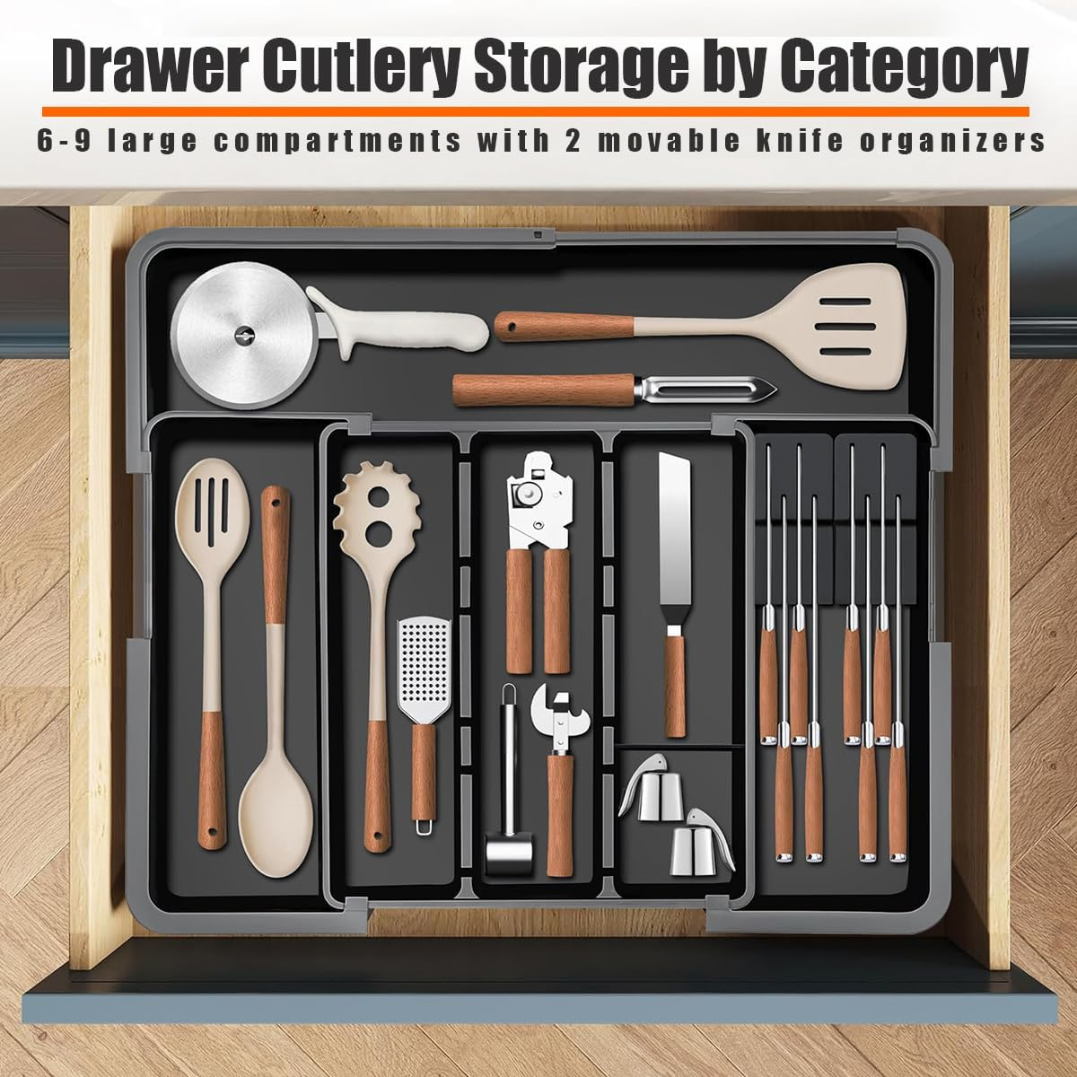 Cutlery Drawer Organiser with 4-Sided Expandable, Cutlery Organiser 6 Compartment, Movable Knife Organizers for Kitchen and Cutlery Tray,Forks, Knives and Gadgets image number 2