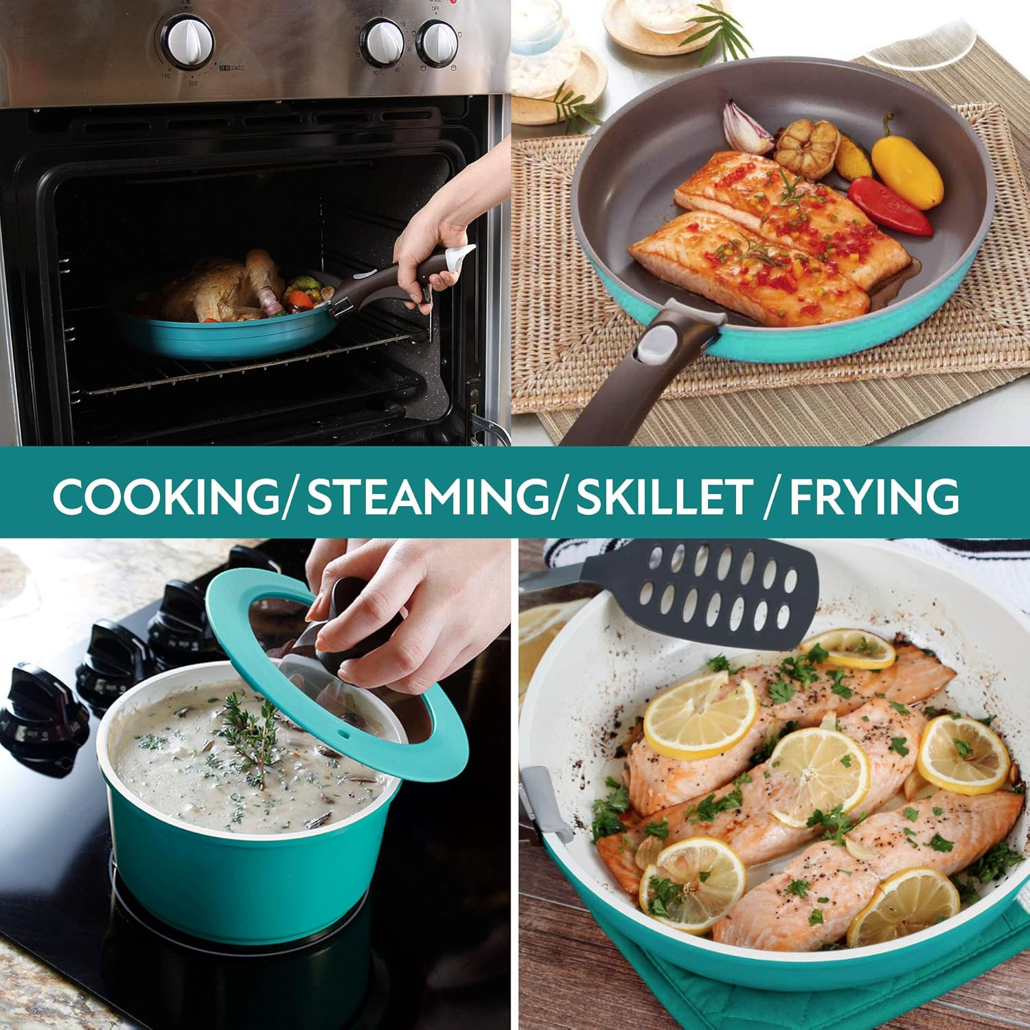 Neoflam Midas plus 9Pc Nonstick Cast Aluminum Cookware Set, PFOA Free Kitchenware with Saucepan,Frying Pan,Stove|Oven Pot, Tempered Glass Lid and Smart Detachable Handle,Oven Safe,Space-Saving,Emerald image number 3