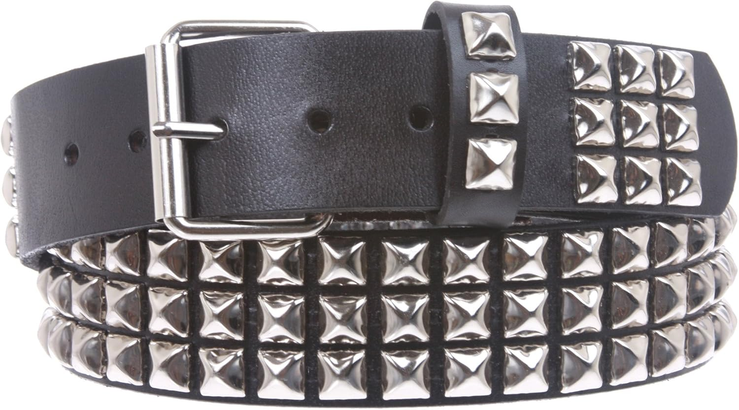 Snap on Three Row Punk Rock Star Metal Silver Studded Full Grain Cowhide Leather Belt image number 2