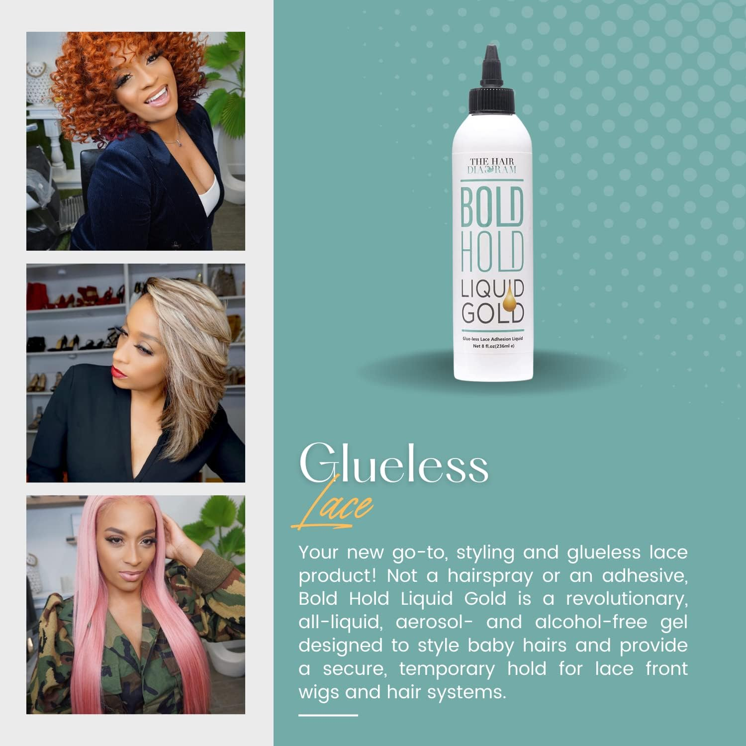 The Hair Diagram - Bold Hold Liquid Gold Reloaded - Glueless Lace Gel - Temporary Hold for Wigs and Hair Systems - Styling Agent for Baby Hairs - Non Toxic - Aerosol & Alcohol Free - Water Based