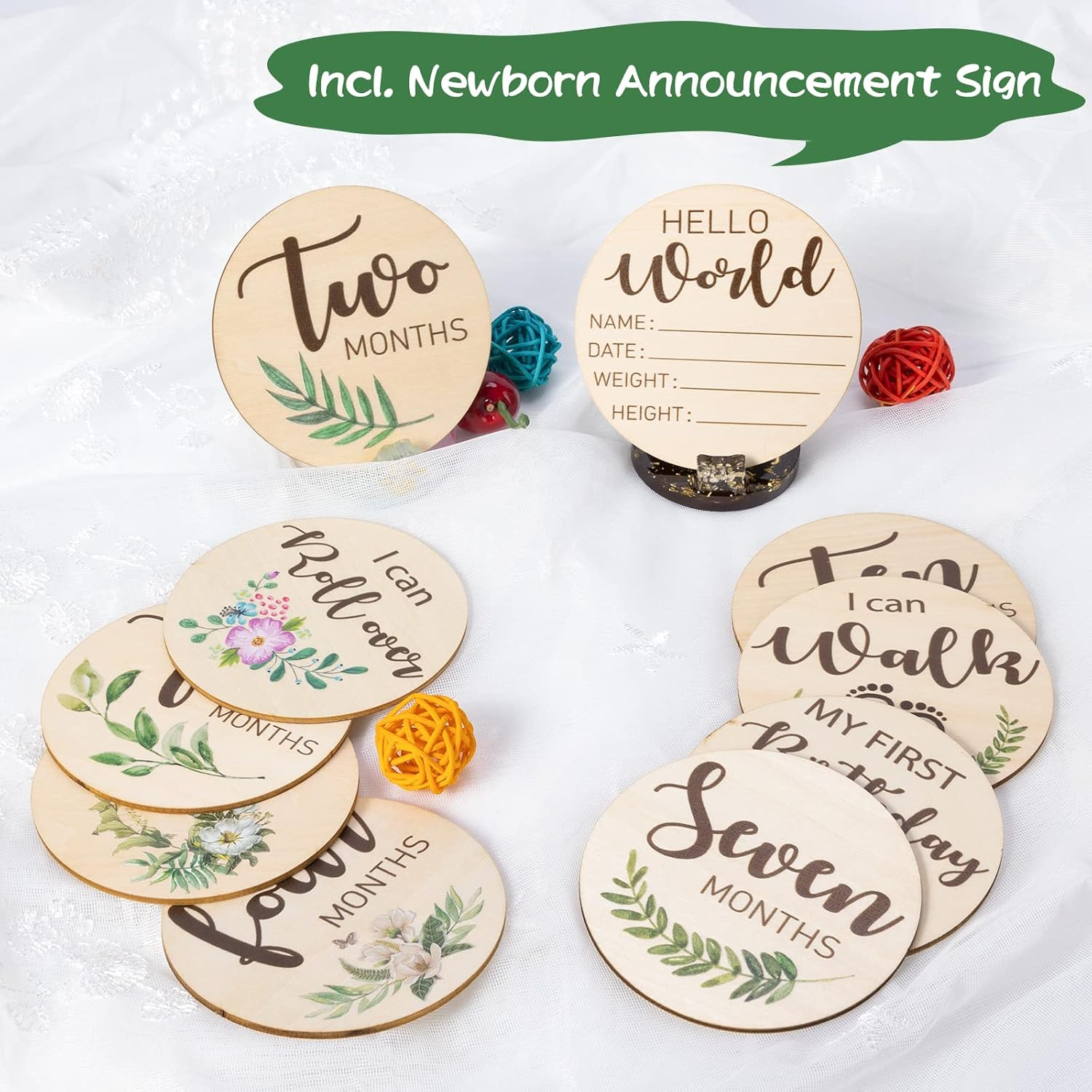 Baby Monthly Milestone Cards Sign - 10 Double Sided Marker Wooden Circles Discs Newborn Photography Prop, Pregnancy Journey Birth Announcement Sign Baby Boy and Girl Gift Sets image number 2