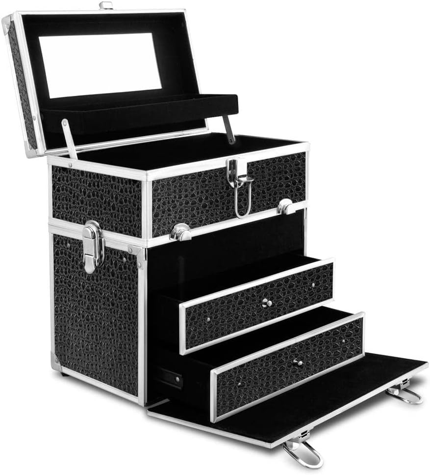 Portable Cosmetic Beauty Makeup Carry Case with Mirror Crocodile Black Travel Bag image number 3