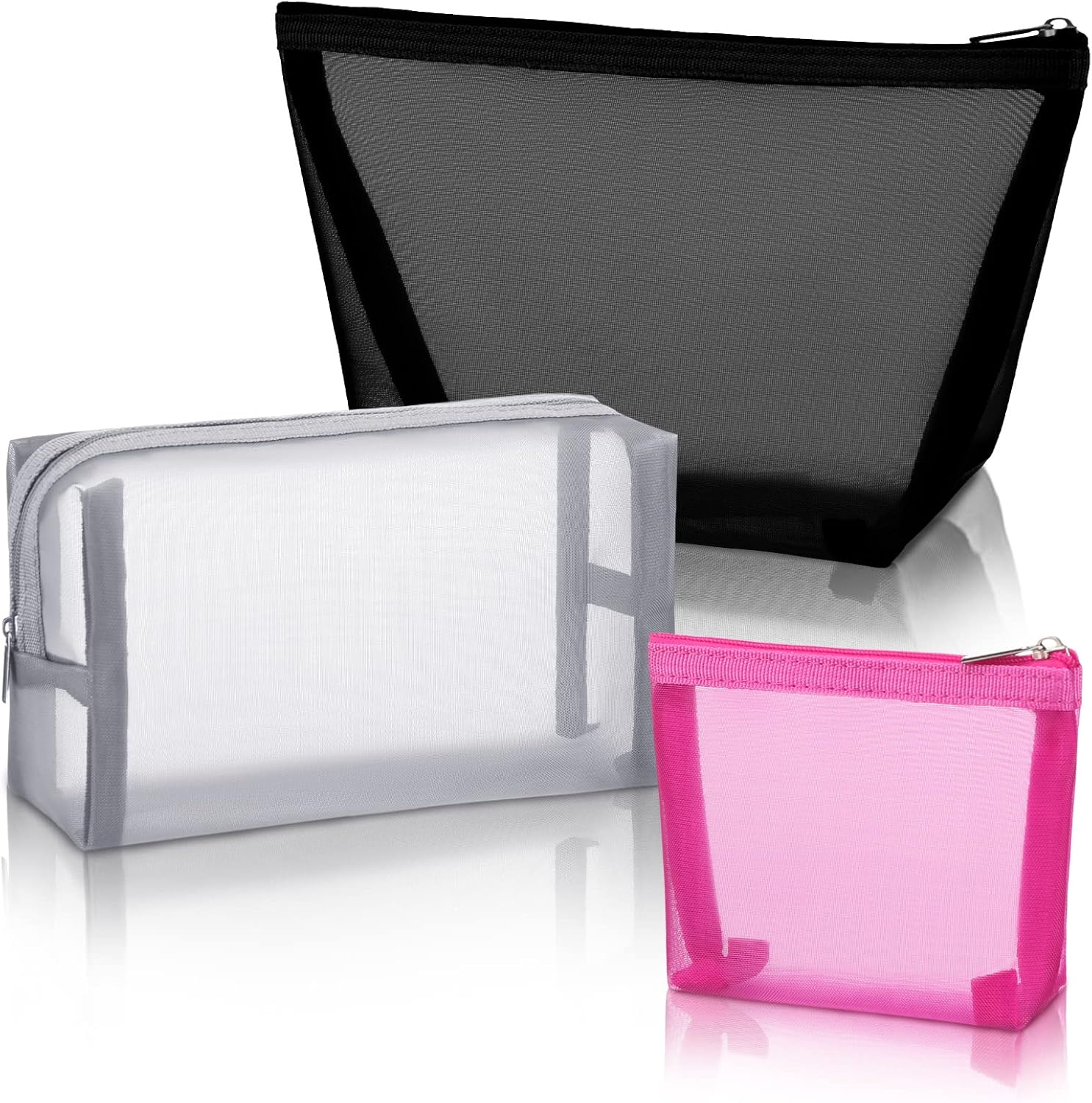 Boao 3 Piece Mesh Cosmetic Bag Mesh Makeup Bag with Zipper Pouch Travel Toiletry for Makeup Organizer Home Office Travel Accessories, Black, 3 Count (Pack of 1), Minimalist