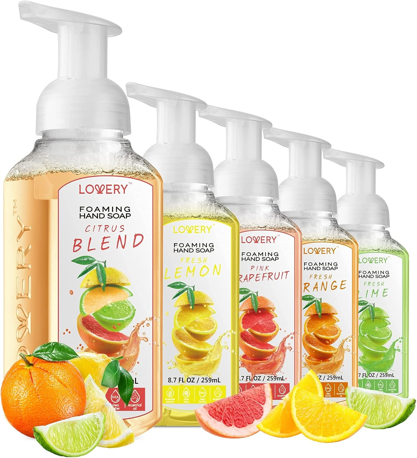 Lovery Foaming Hand Soap - Pack of 5 - Moisturizing Hand Soap with Aloe Vera & Essential Oils - Alcohol-Free Hand Wash in Citrus Blend, Lemon, Orange, Lime, Pink Grapefruit - Scented Hand Wash for Kitchen or Bathroom - Free Swarovski Bracelet image number 1