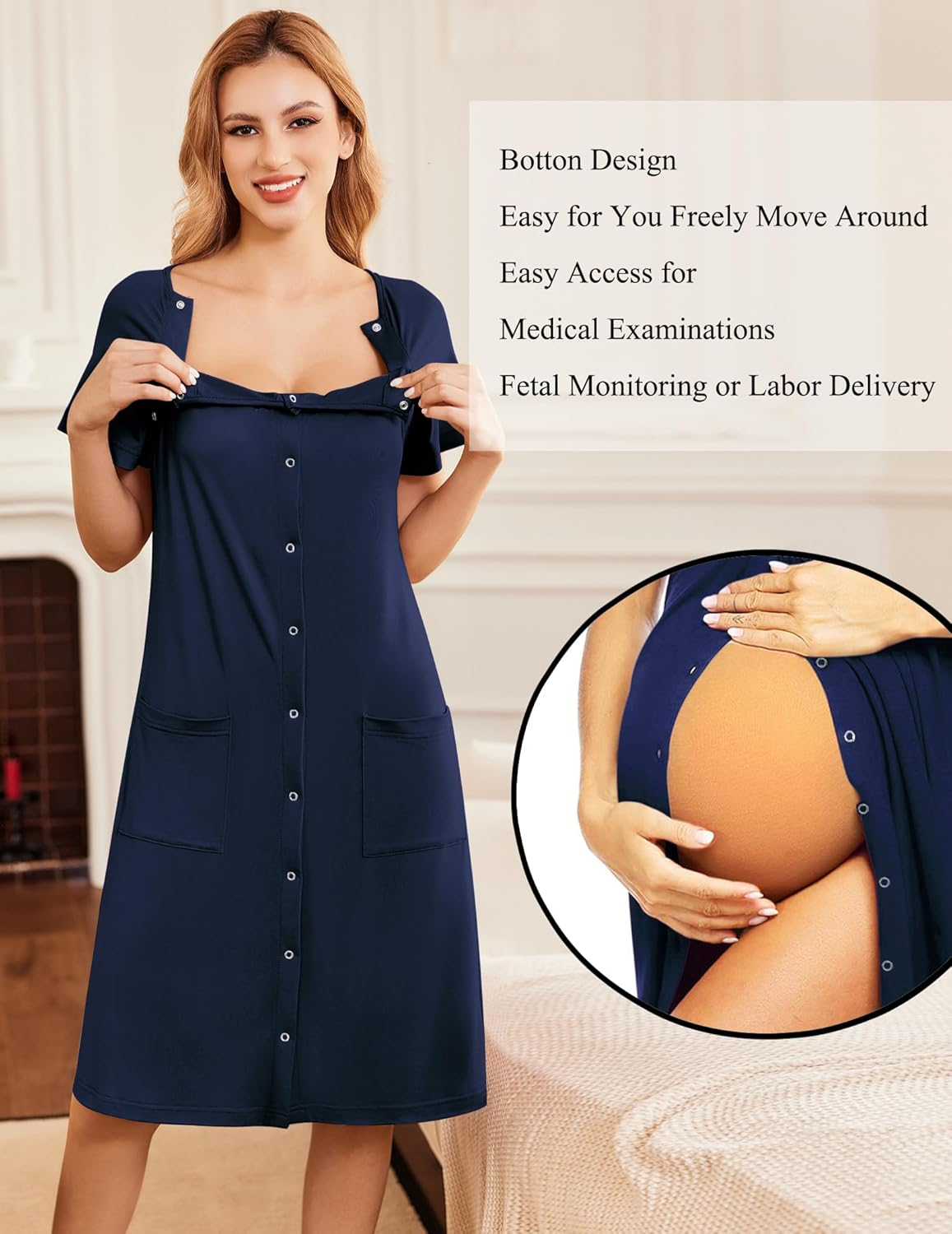 Ekouaer 3 in 1 Nursing Dress Maternity Nightgown Labor/Delivery Breastfeeding Birthing Gown with Button image number 5
