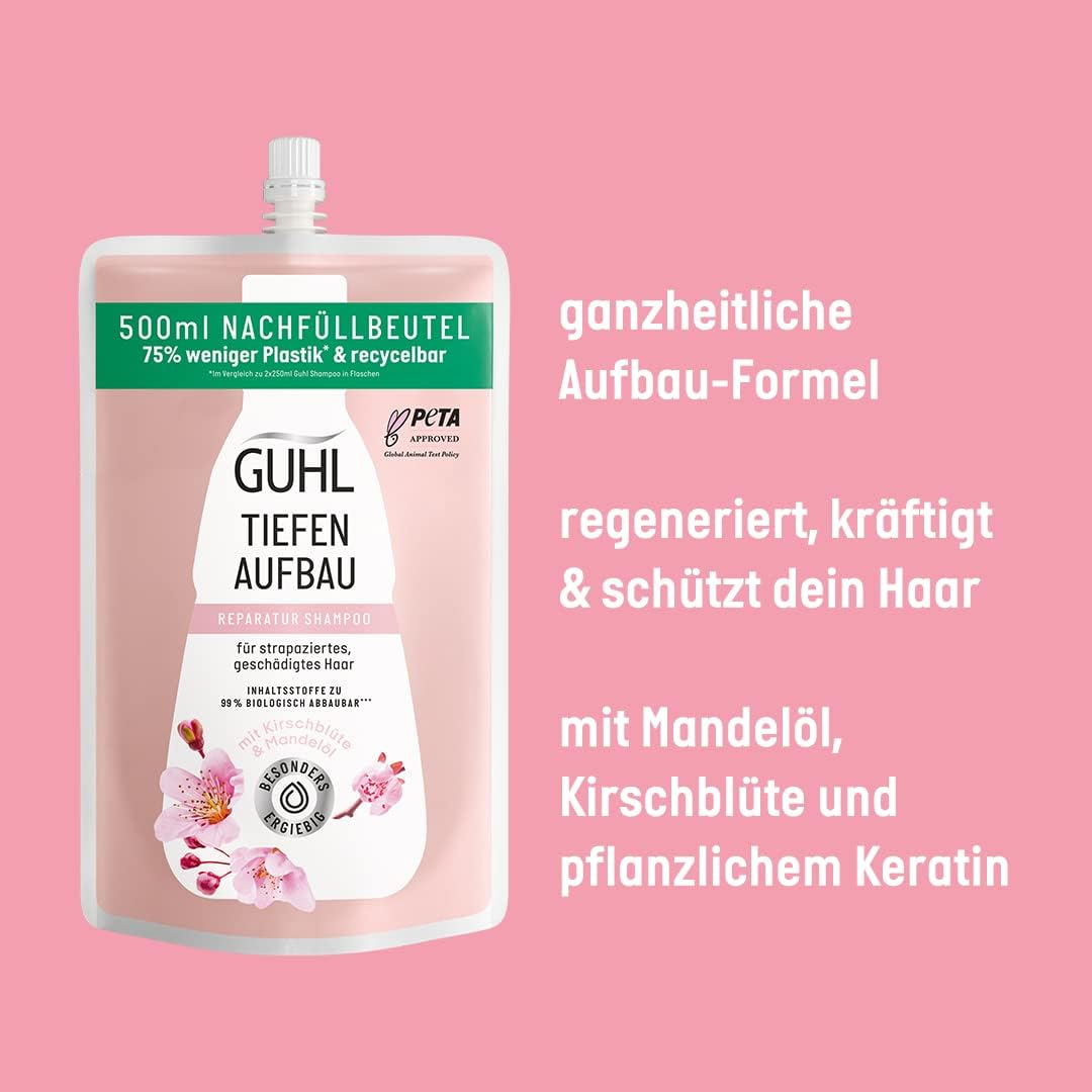 Guhl Deep Build-Up Refill Bag, 500 Ml, Shampoo, Repairs the Hair Structure, Hair Type: Damaged, Need for Repair, Sufficient for Refilling 2 Guhl Bottles image number 4