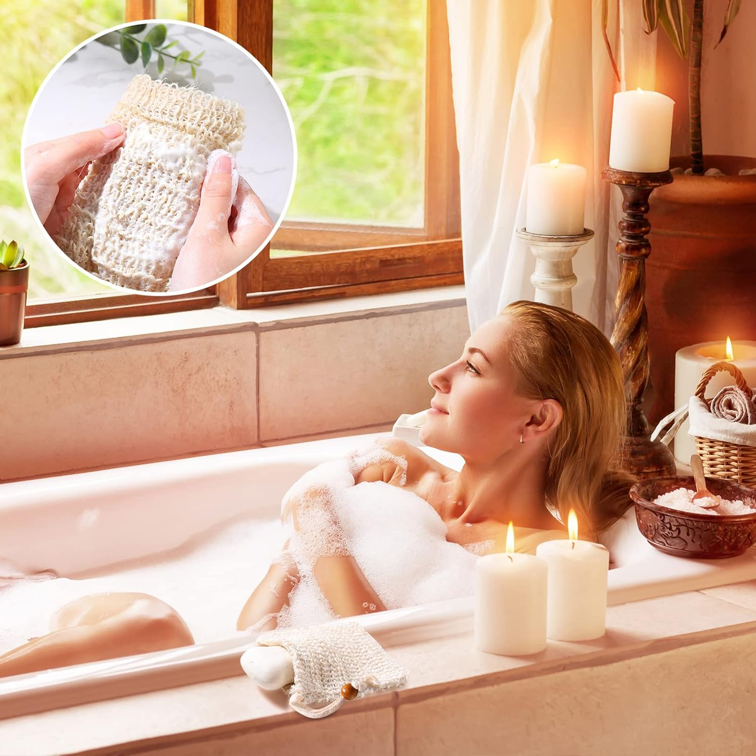 Woanger Natural Sisal Soap Bag 5.7 X 3.7 Inches Mesh Exfoliating Soap Saver Bag Soap Pouch with Drawstring Foaming and Drying Soap Holder for Shower Kitchen Bathroom Travel Hotel (200)