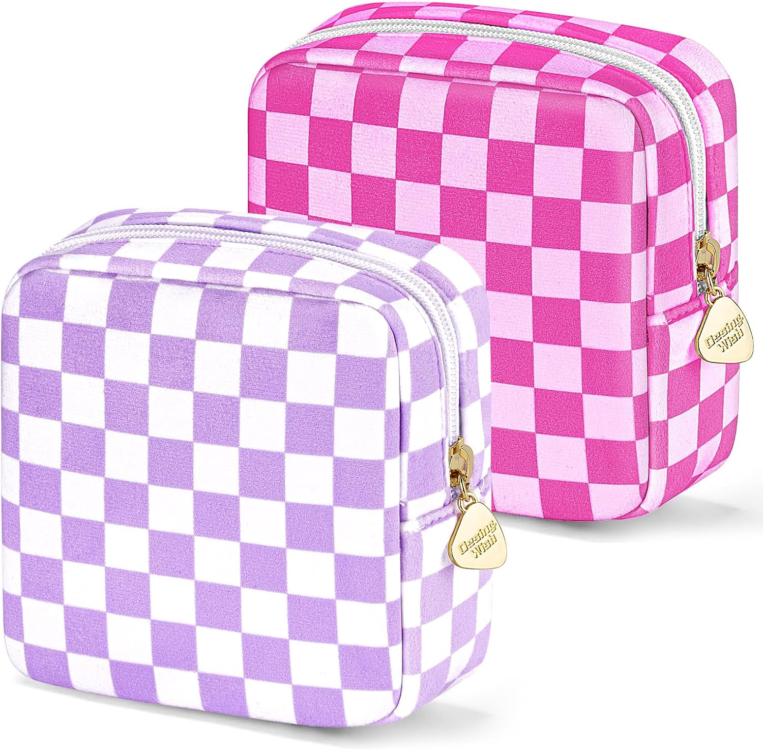 Desing Wish Women'S Make up Bag Small, Pink and Black Checkerboard Pattern - Pack of 2, Mini