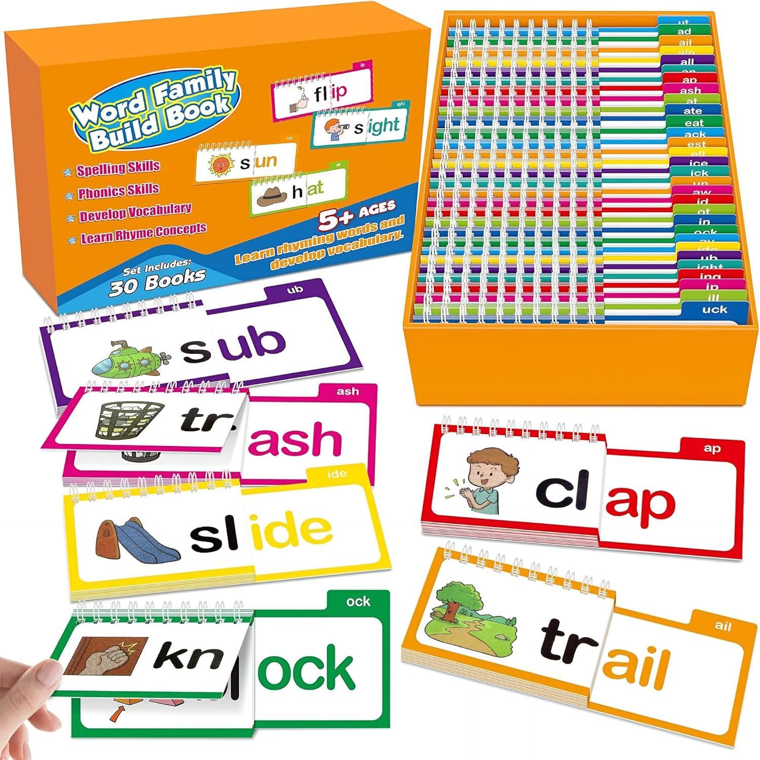 30 Read and Rhyme Flip Books - Word Family Phonics Flash Cards, ABC Vocabulary Set, Preschool Learning Activities&ndash; Learn to Read Card Aids for Kids, Kindergarten Reading Games Educational Gift Set image number 6