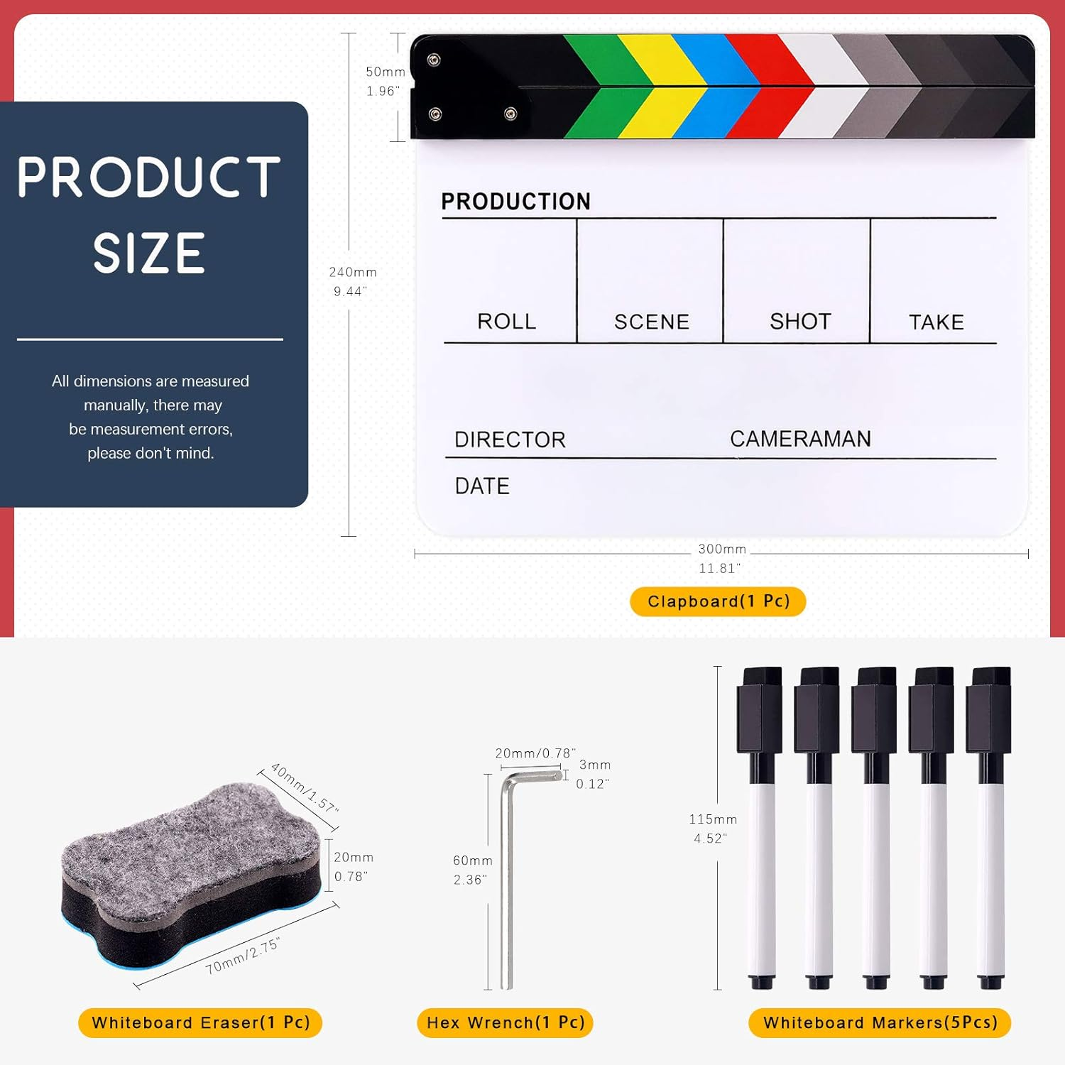 Hilitchi Film Movie Cut Action Board Acrylic Plastic Slate 25X30Cm/10X12 Dry Erase Director'S Film Clapboard with Color Sticks and with 5 Whiteboard Markers, 1 Eraser and 1 Wrench