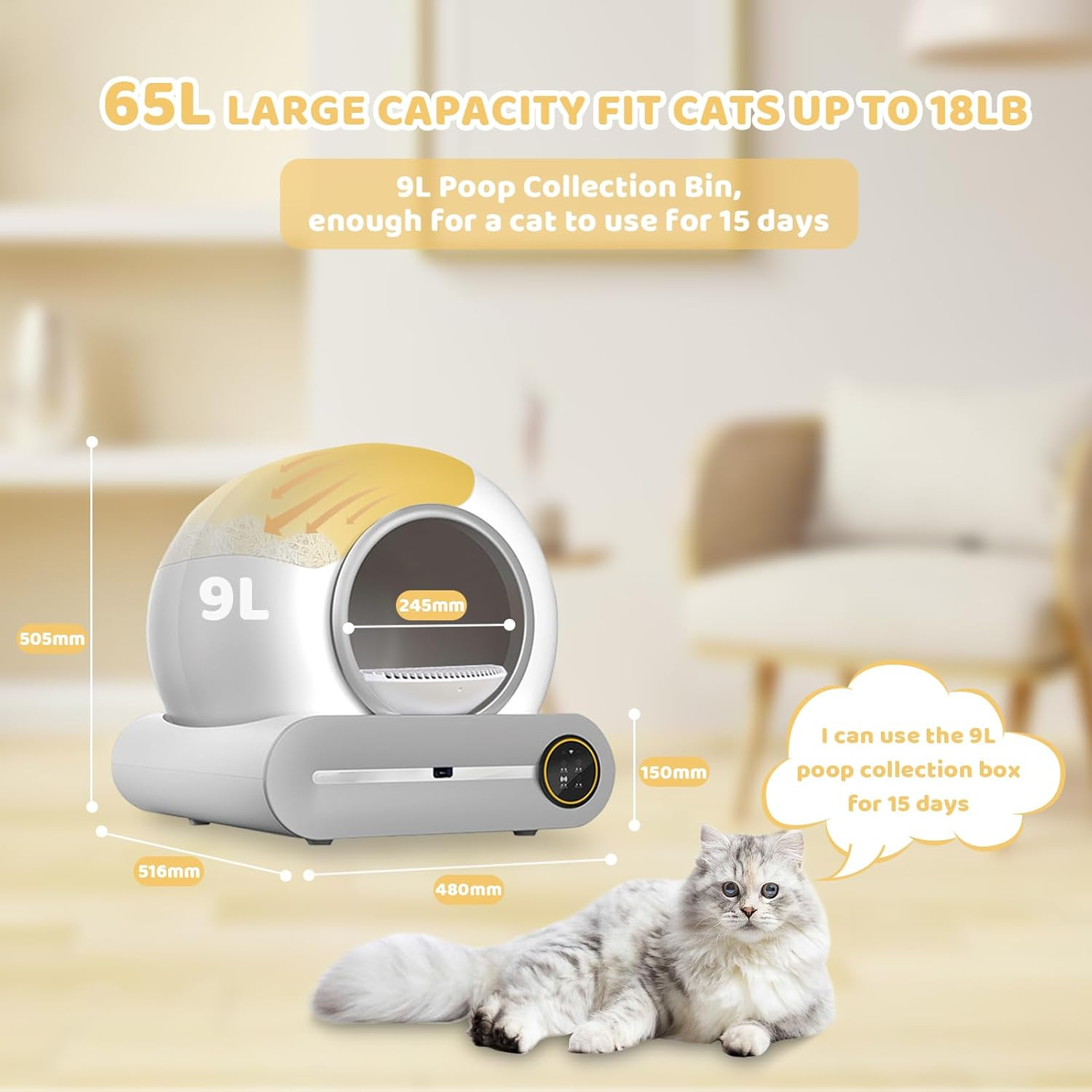Self Cleaning Cat Litter Box, 65L+9L Extra Large Capacity Automatic Cat Litter Box for Multiple Cats, Smart Wifi App Control/Anti-Pinch/Low Noise/Odor Removal/Safety Protection, with Garbage Bag image number 3