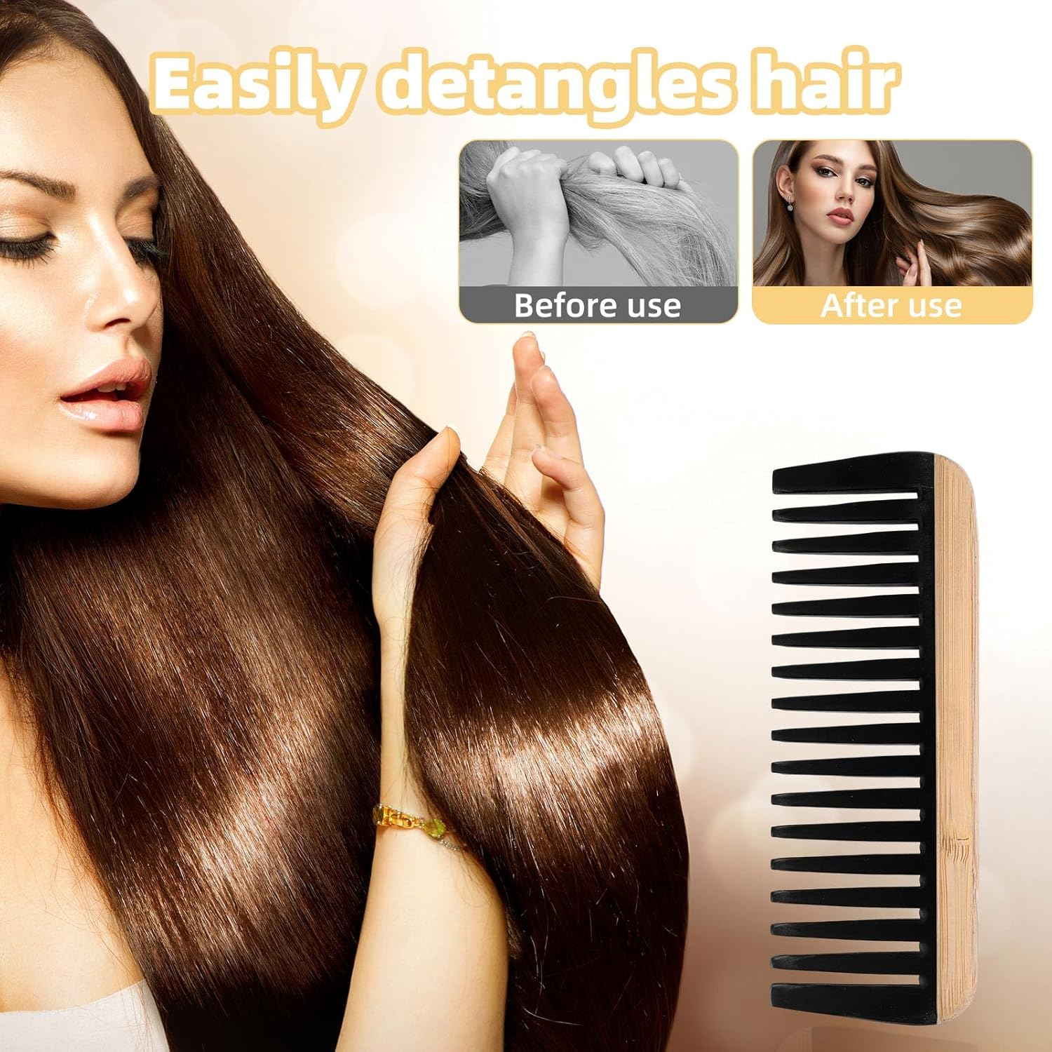 2Pcs Bamboo Wide Tooth Comb Set, Natural Wooden Combs with Bakelite Teeth, Anti-Static Detangler Comb Hair Styling Tool for Women Men Curly Long Short Thick or Fine Hair image number 5