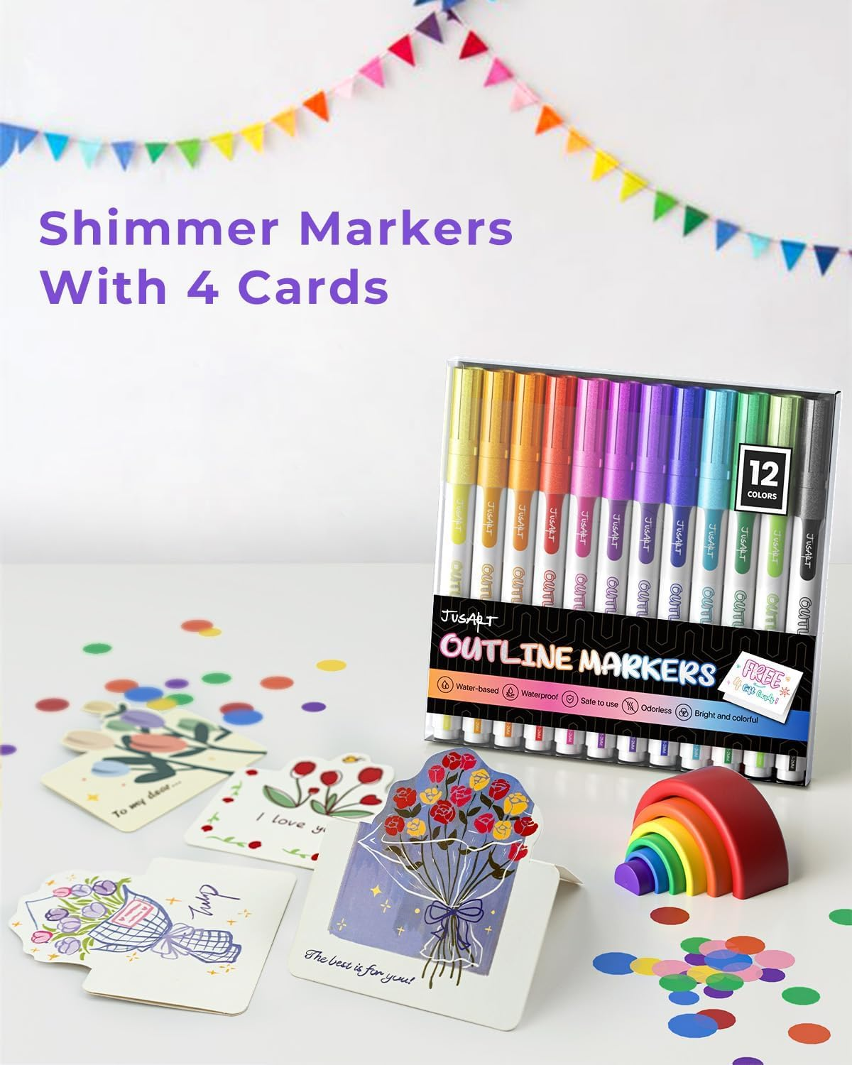 Jusart Outline Markers 12 Colors, Double Line Glitter Markers for Greeting Card Art Crafts, Girls Teens Stocking Stuffers Shimmer Metallic Sparkle Painting Drawing Supplies - 18 Colors image number 7