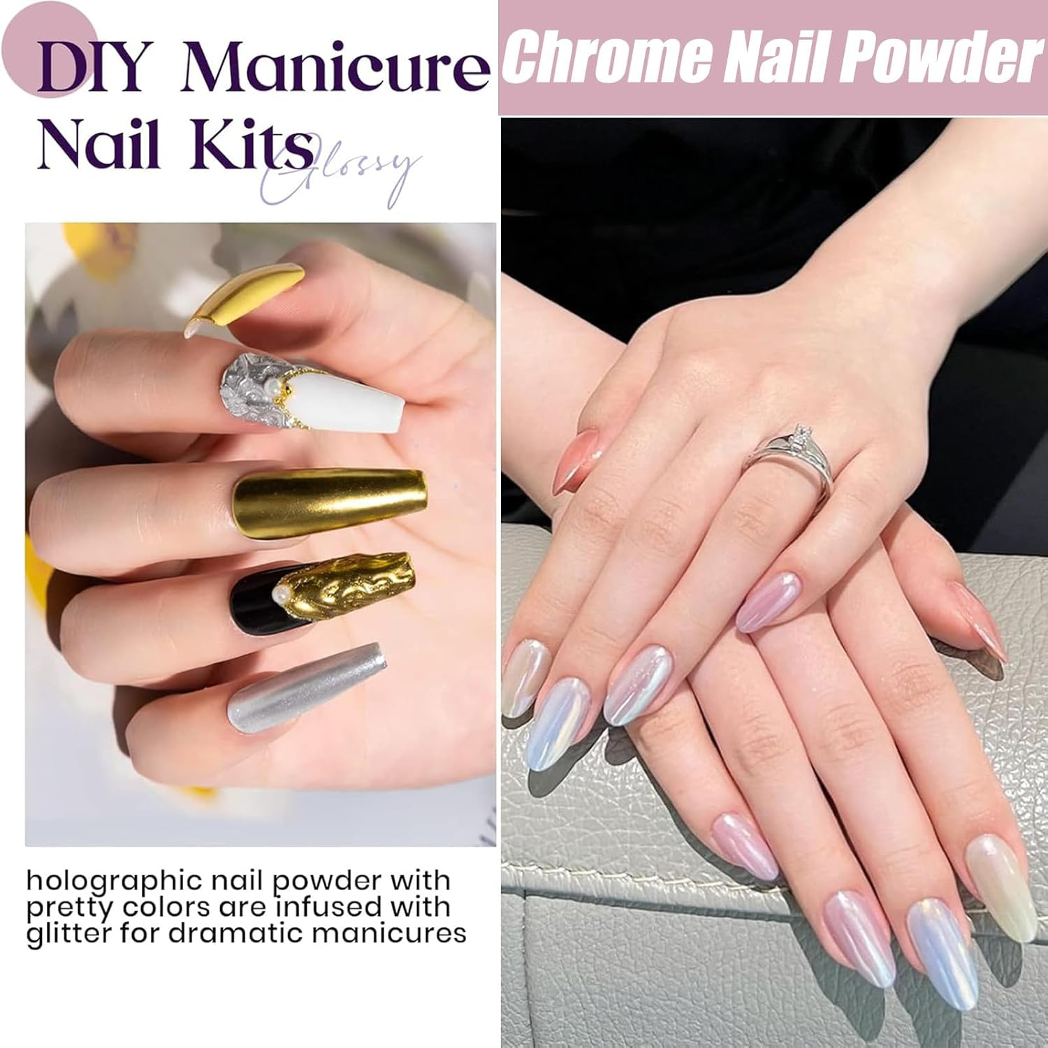 Chrome Nail Powder &ndash; Gold & Silver Iridescent Pearl Chrome Powder, Holographic Mermaid Glitter Pigment for Nails, Aurora Mirror Effect(2 Set12 Colors) image number 1