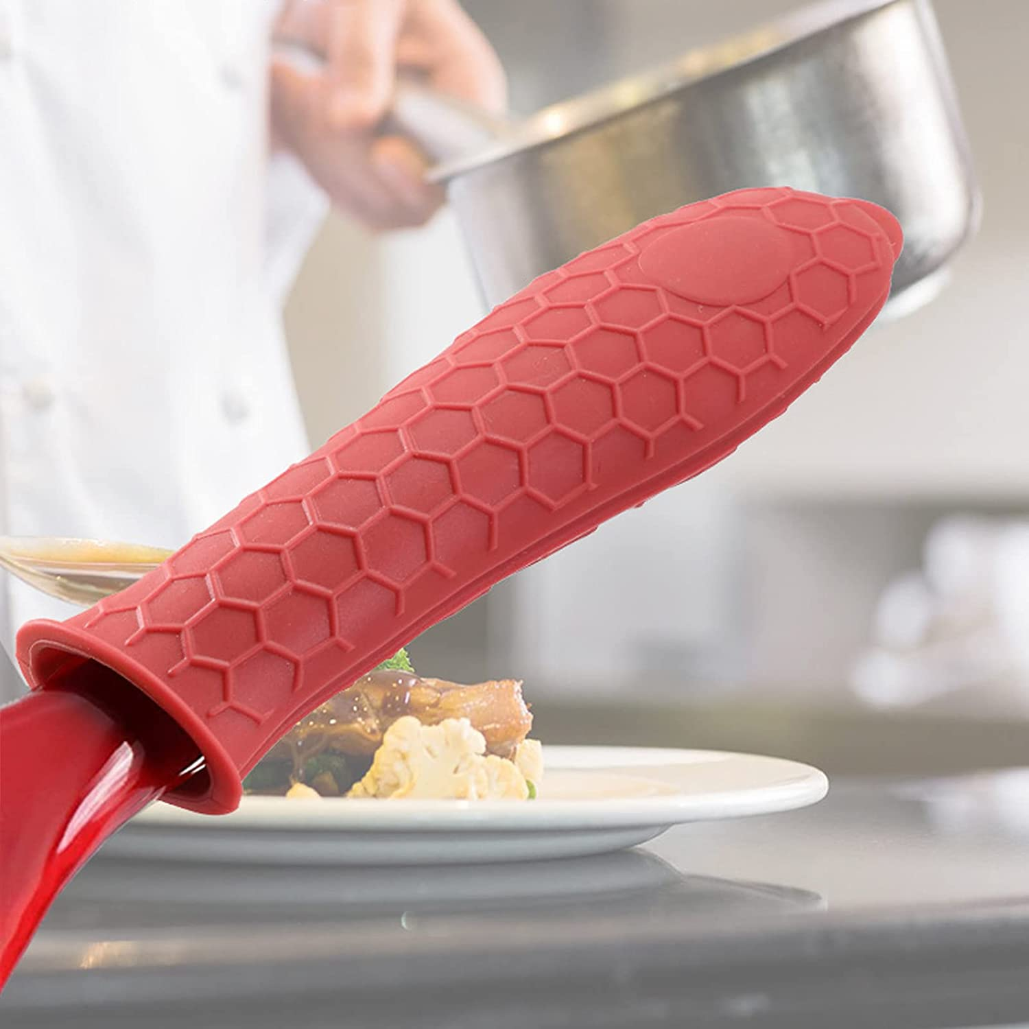 3 Pieces Silicone Hot Handle Holder Non Slip Pot Holders Cover Assist Hot Pan Handle Rubber Heat Resistant Pot Sleeve Grip Cookware Handle for Frying Cast Iron Skillet Metal Pan (Red) image number 2