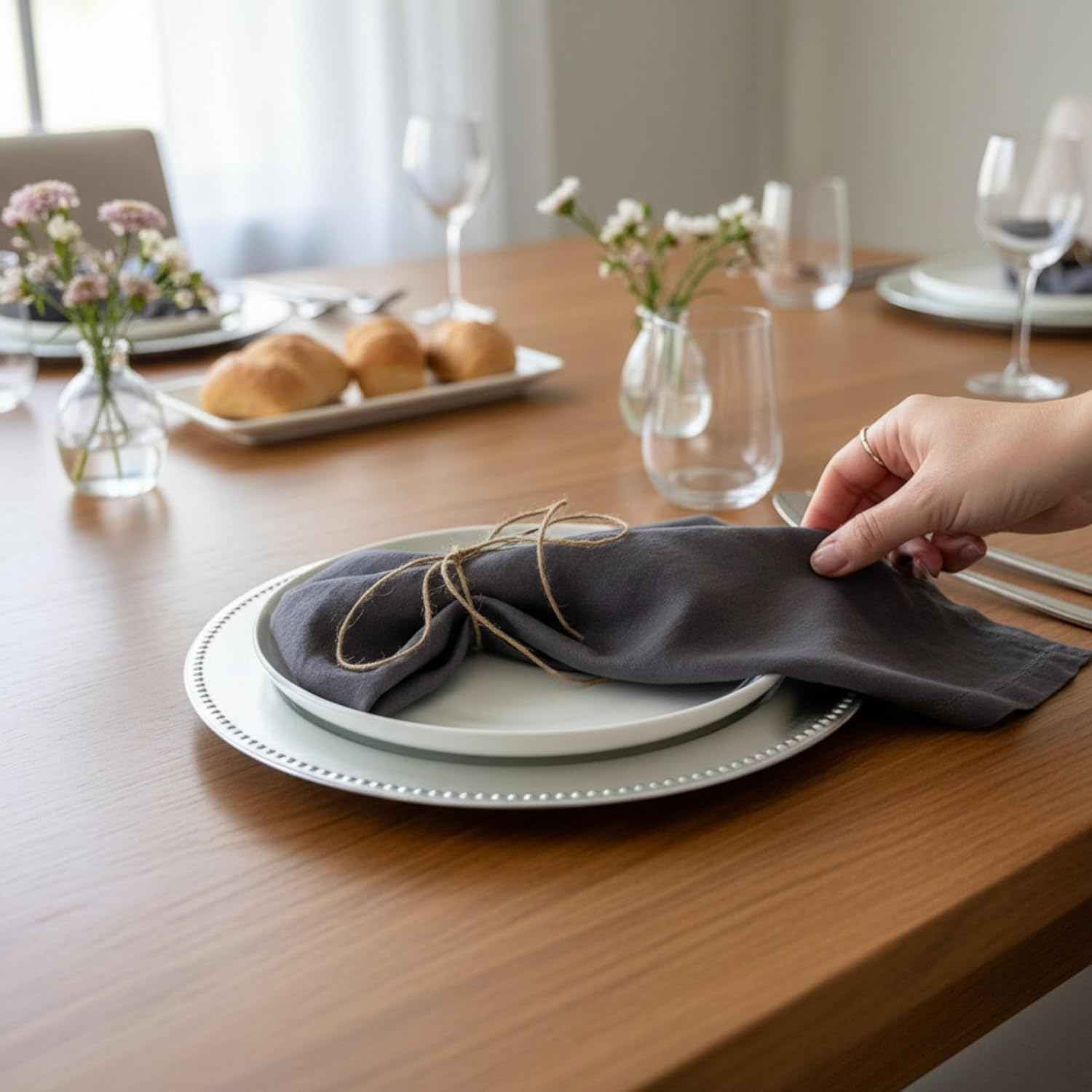 Linen Napkins &ndash;100% French Flax &ndash; Hemstitch Stonewashed Pure Linen Cloth Napkins - Size 50Cm X 50Cm &ndash; Set of 4 (Dark Grey) - Caramel image number 3